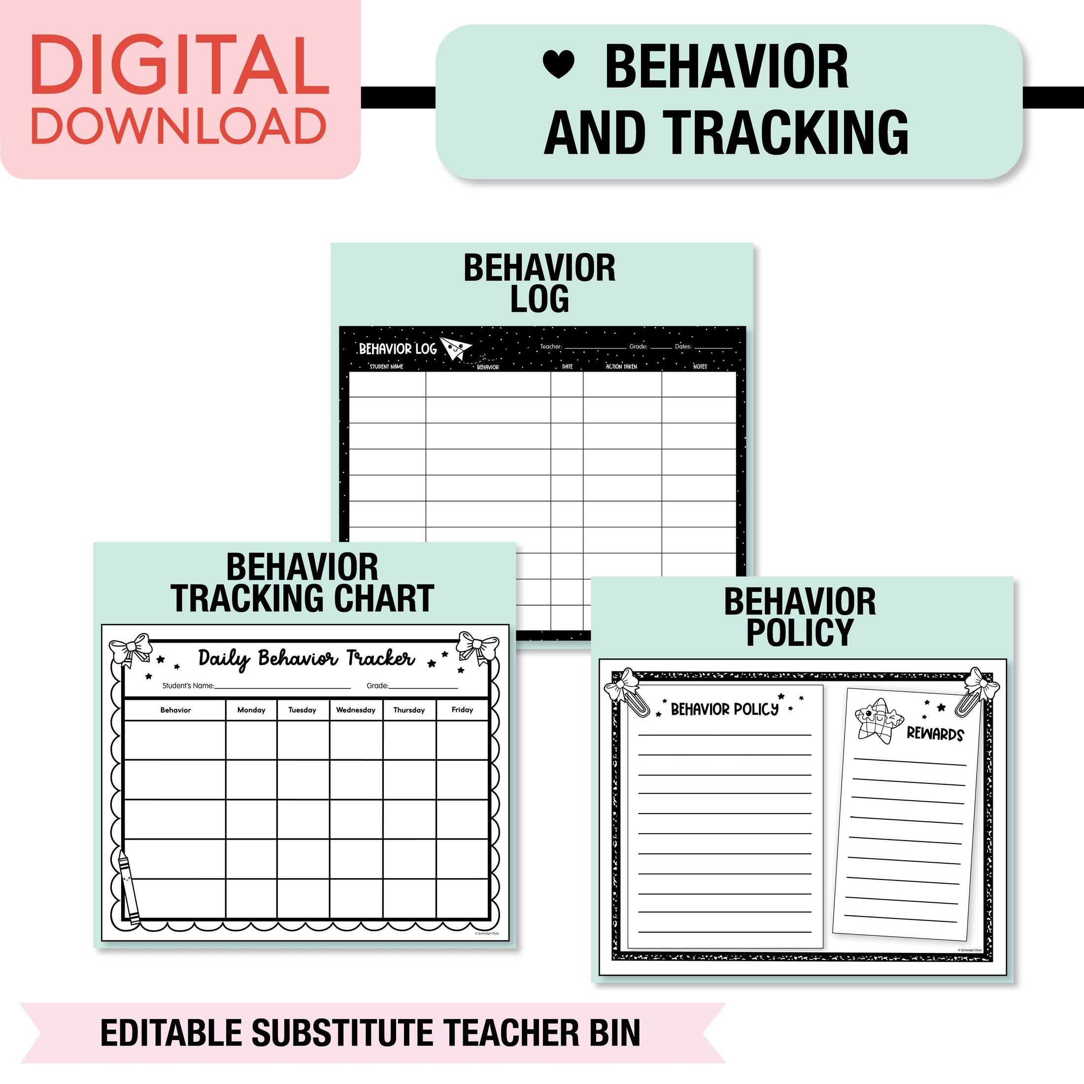 Printable Pastel Editable Substitute Teacher Bin and Forms