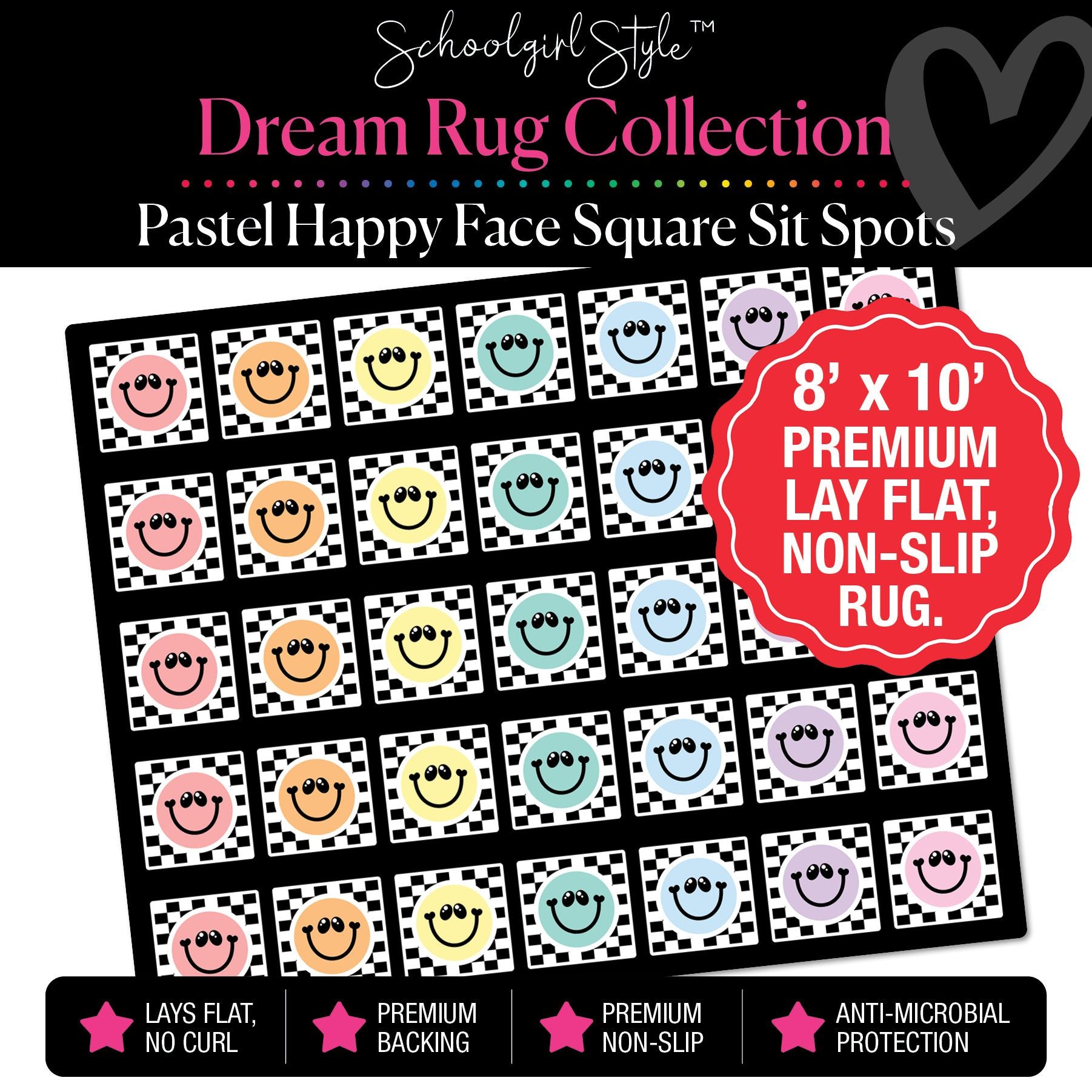 Pastel Happy Faces on Checkerboard Background Squares Sit Spot Classroom Rug by Schoolgirl Style