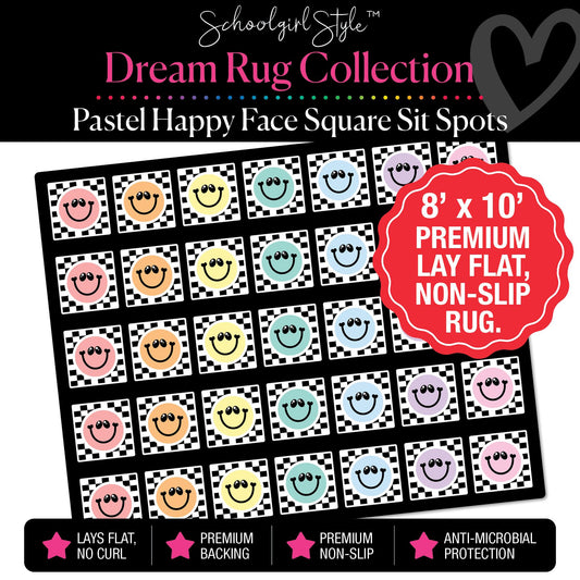 Pastel Happy Faces on Checkerboard Background Squares Sit Spot Classroom Rug by Schoolgirl Style