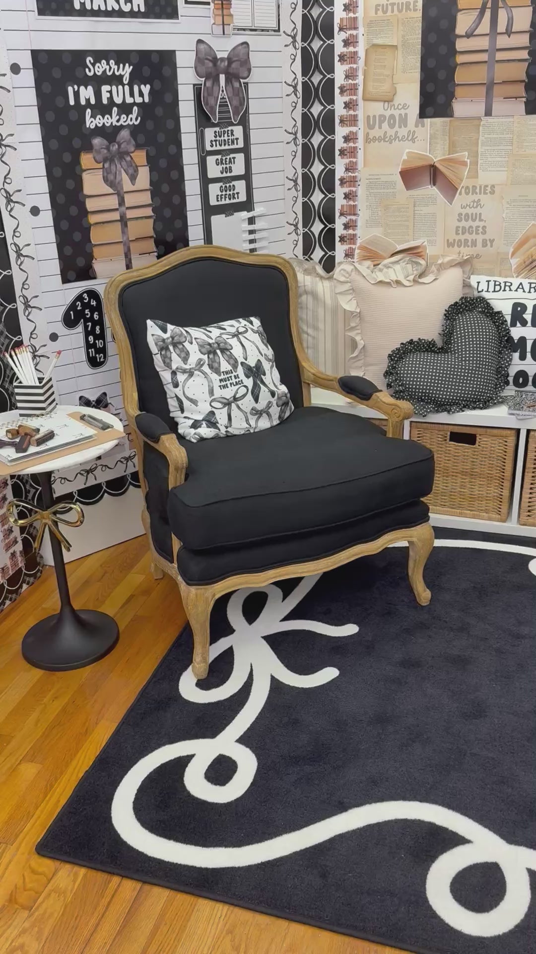 Black and white bow border classroom rug 