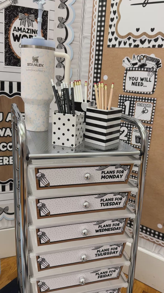 Classic Black and White Editable 10 Drawer Cart Labels with Pencils | Simply Sweet