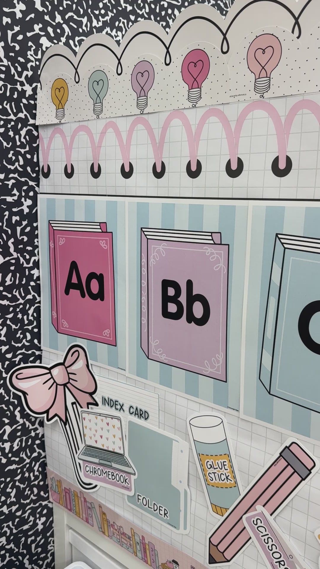 Blue striped boho pastel alphabet letter cards with books 