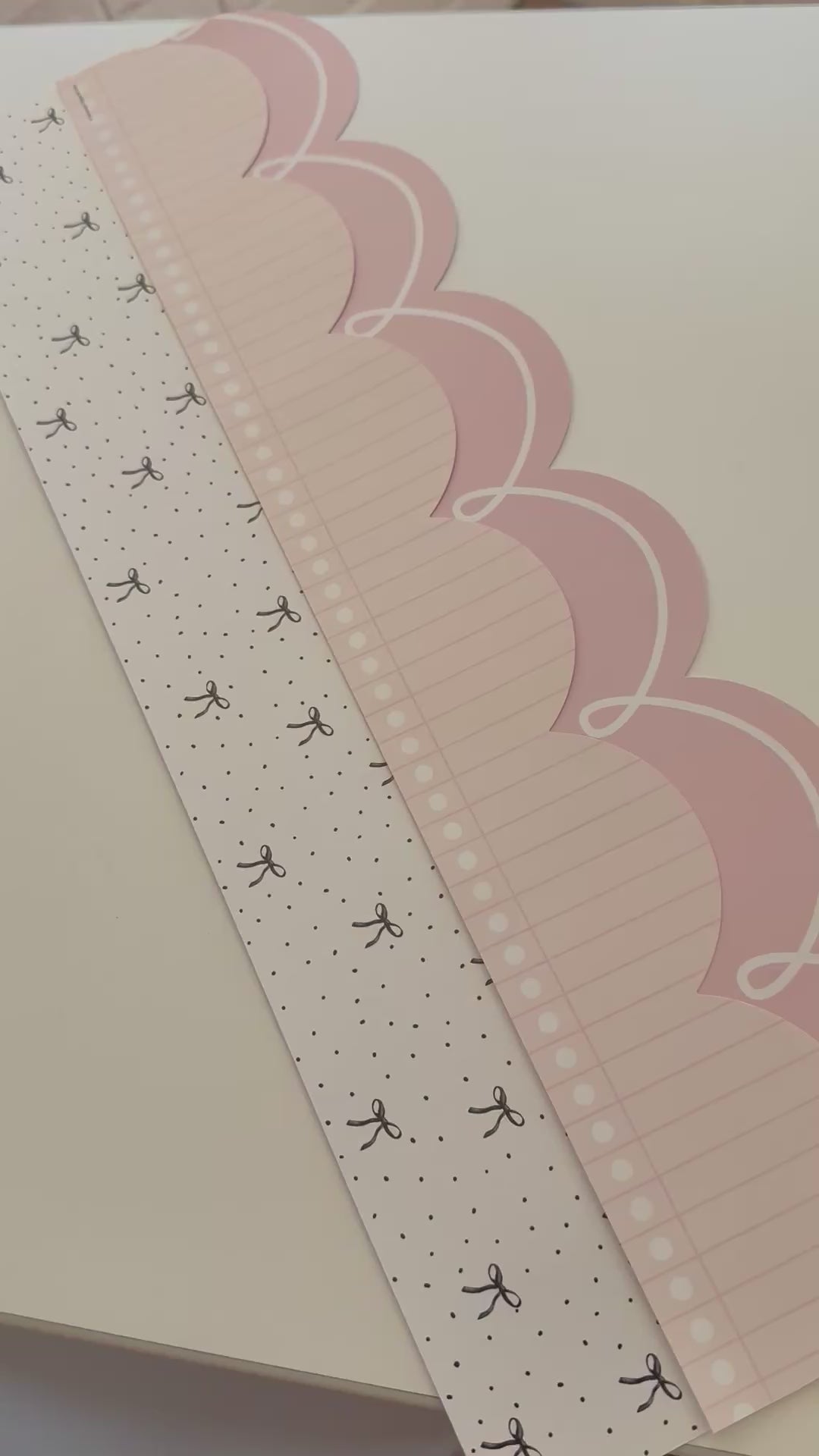 Daybreak pastel pink with white loop border, sincerely yours pastel pink notebook paper border, seriously darling black bows border 