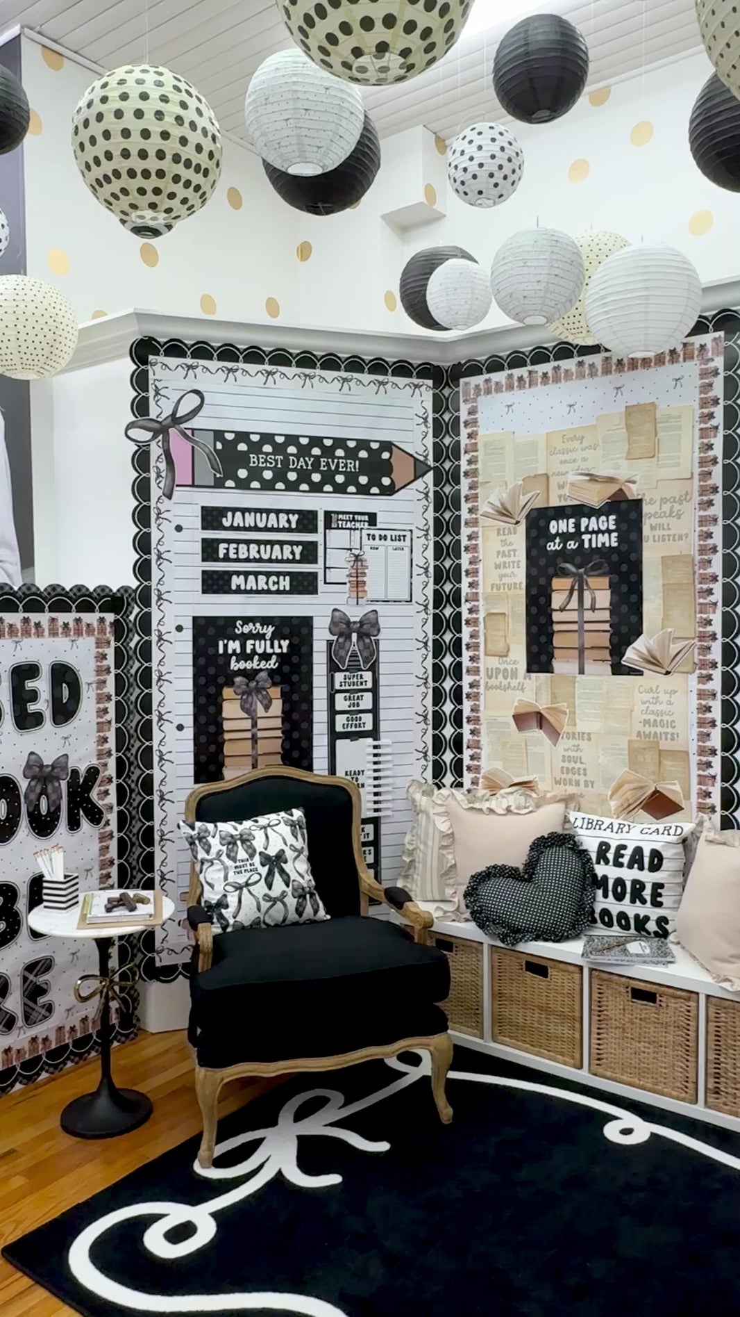 Black and white classroom decor collection with bows and polka dots