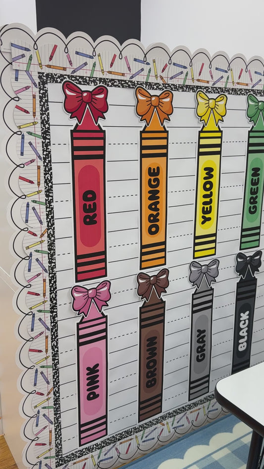 Bright rainbow crayons with color names 