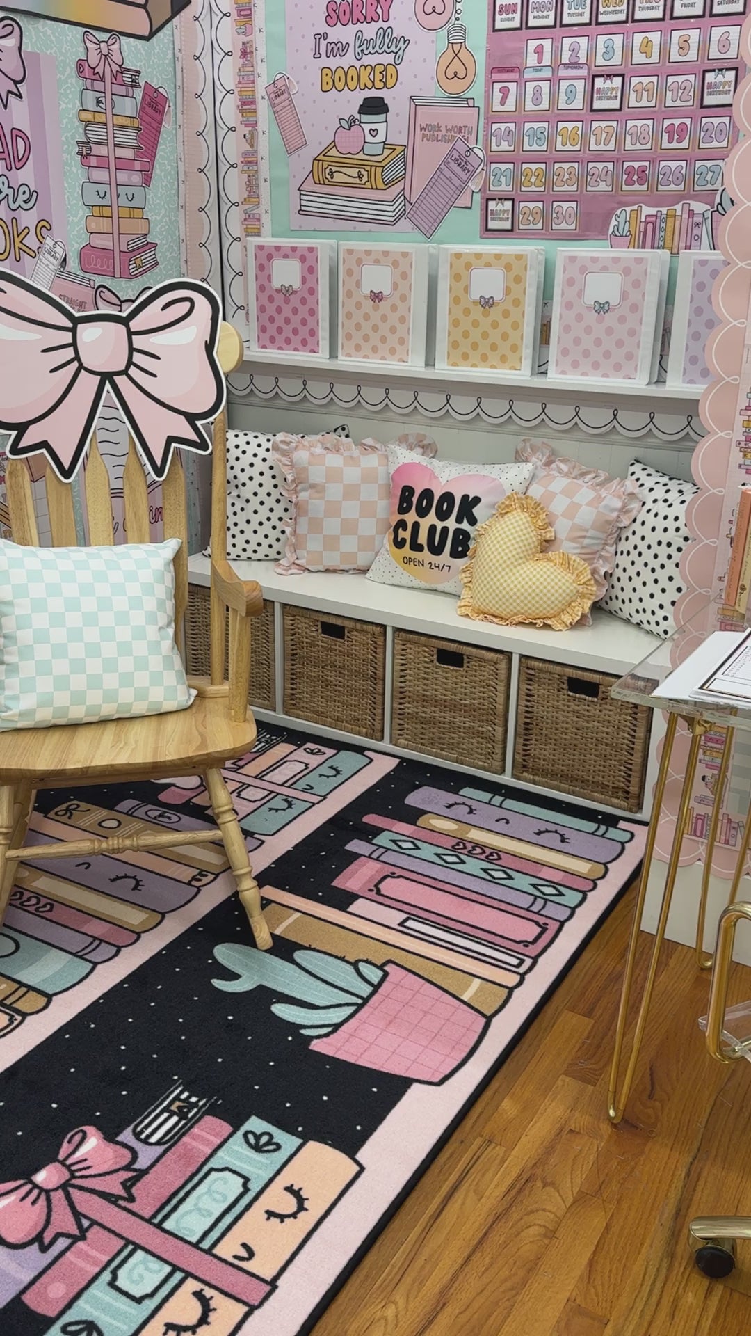 Pastel colored bookshelf with polka dots rug