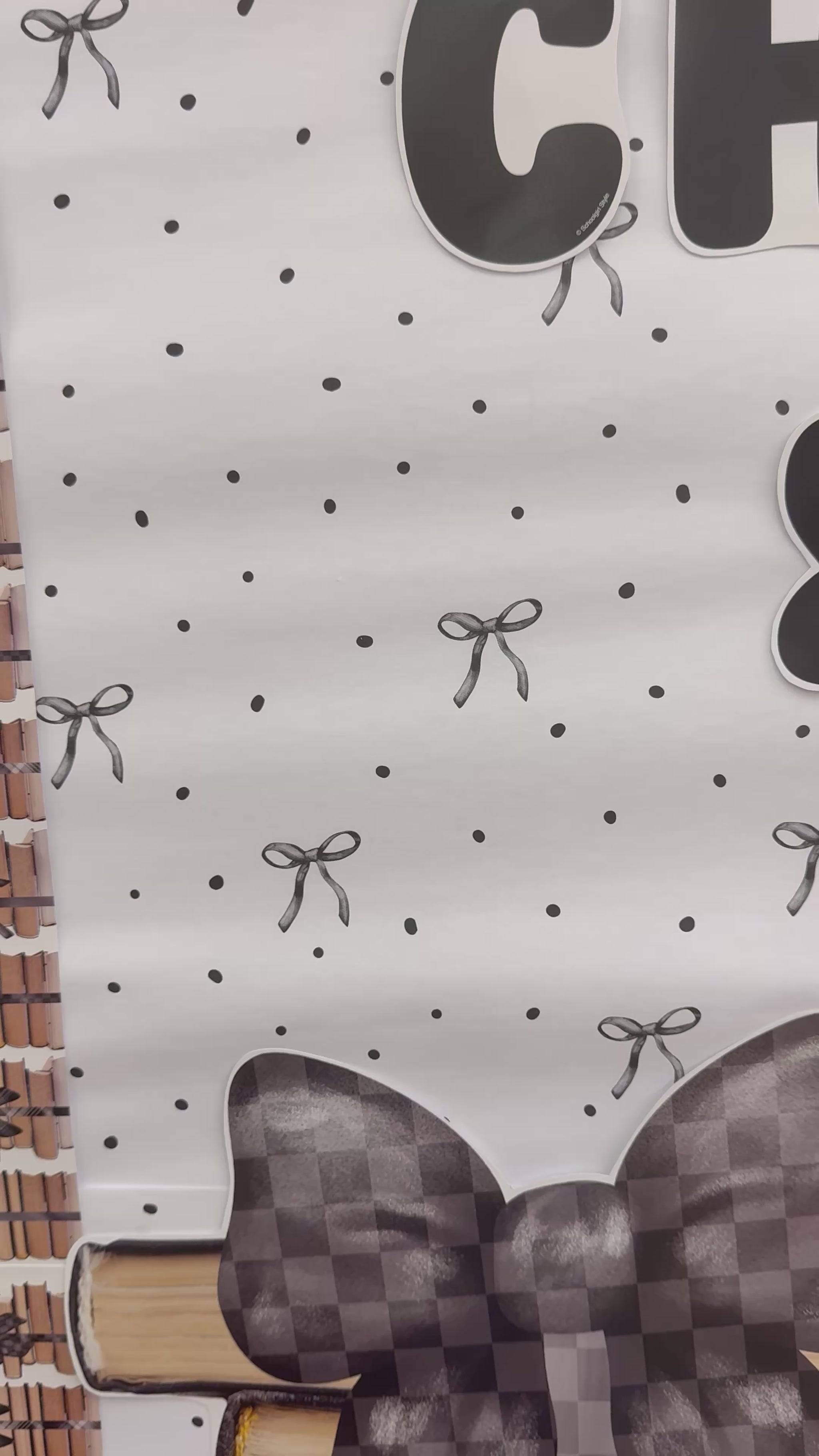 White with black polka dots and bows bulletin board paper 