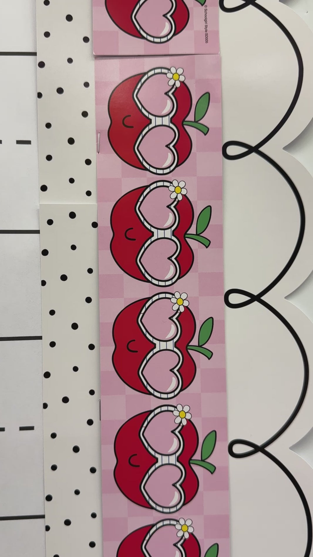 White and black polka dot border, pink and red apple with sunglasses border, favorite white border with black loop 