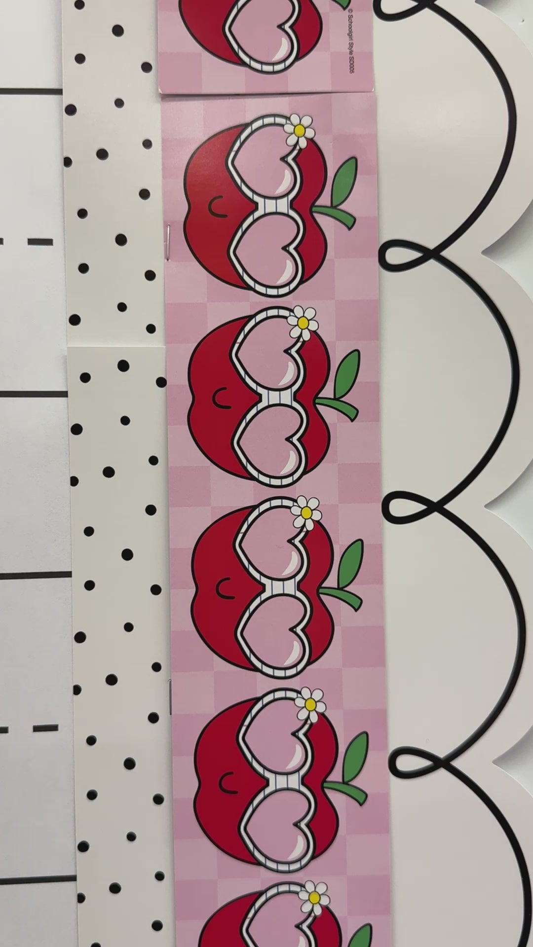 White and black polka dot border, pink and red apple with sunglasses border, favorite white border with black loop 