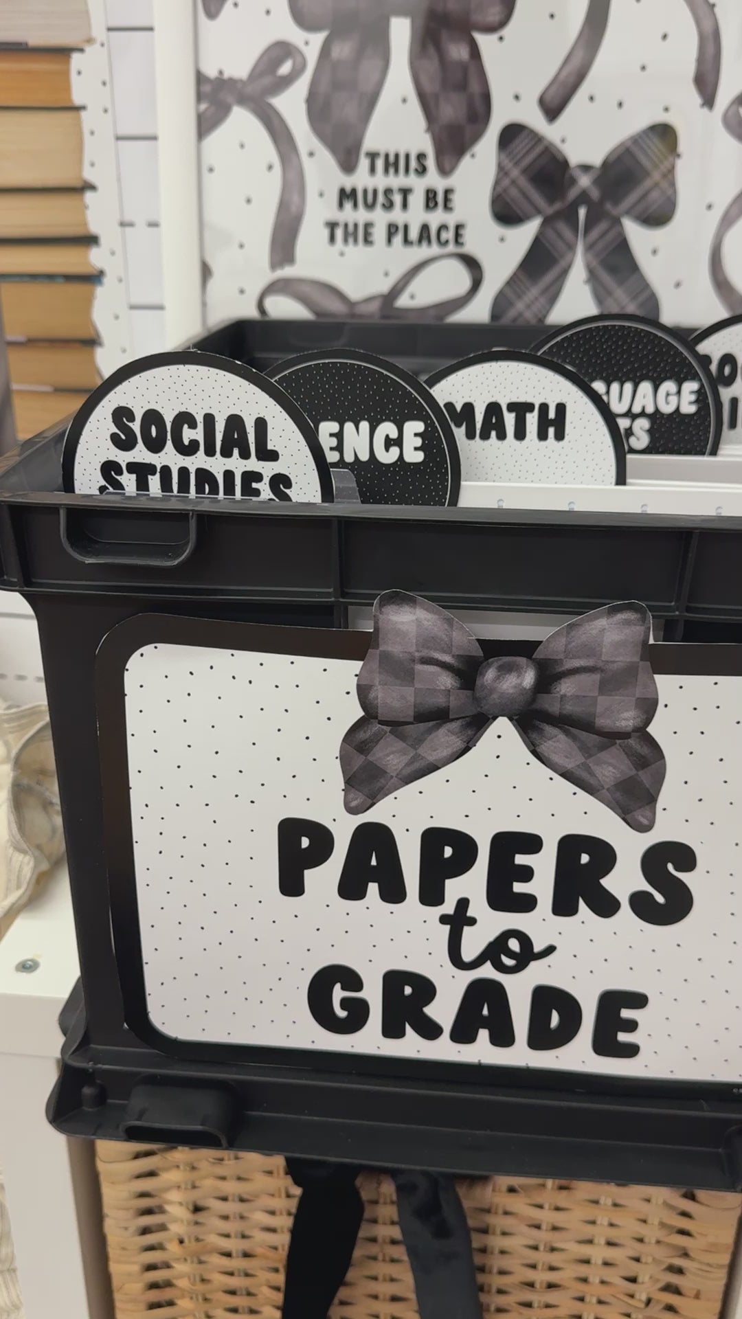 Black and white papers to grade and subject labels 