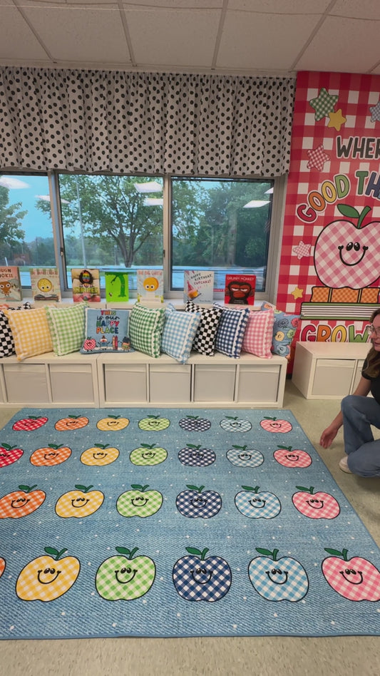 Happy Rainbow Apple Sit Spots on Denim Classroom Mat by Schoolgirl Style