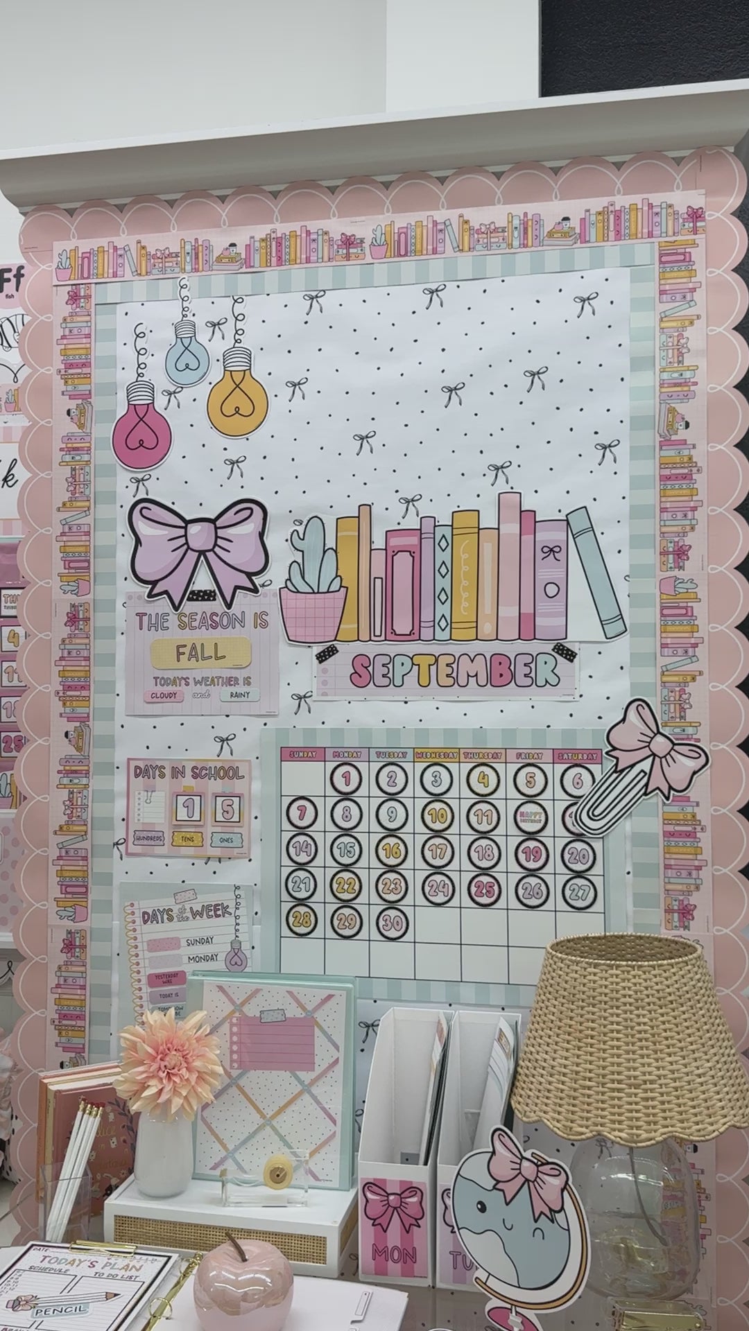 Boho pastel bulletin board calendar with bookshelf and posters 