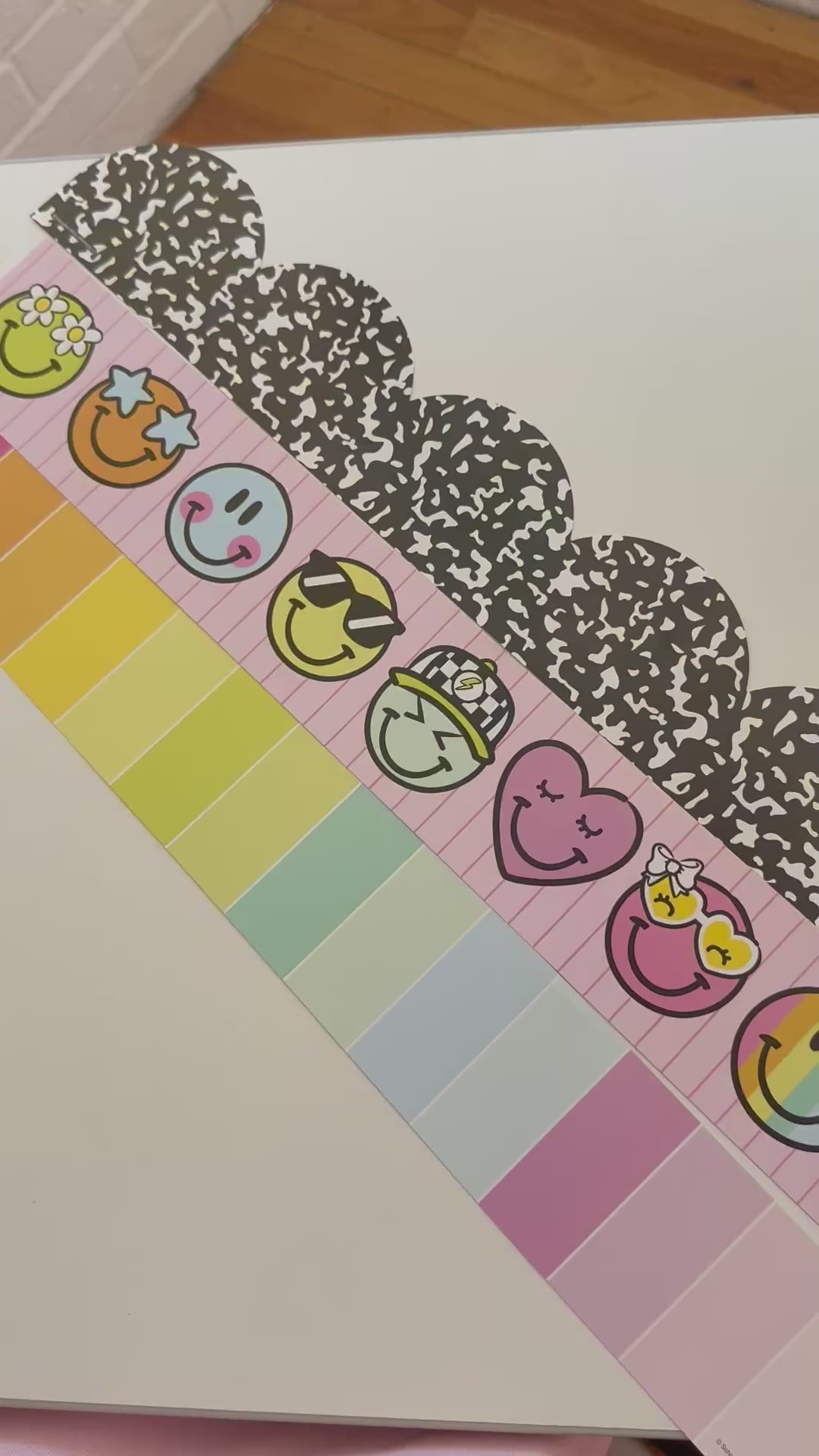 Senior year composition notebook border, let’s be friends smileys rainbow pastel border, candy stripes rainbow pastel border 