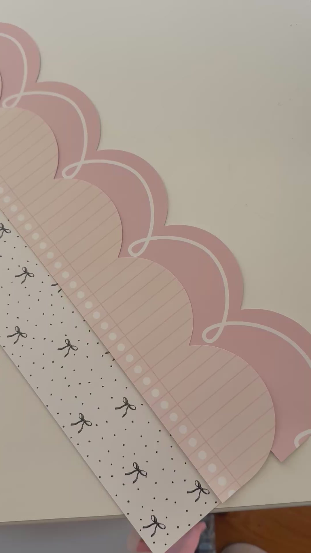 Daybreak pastel pink with white loop border, sincerely yours pastel pink notebook paper border, seriously darling black bows border