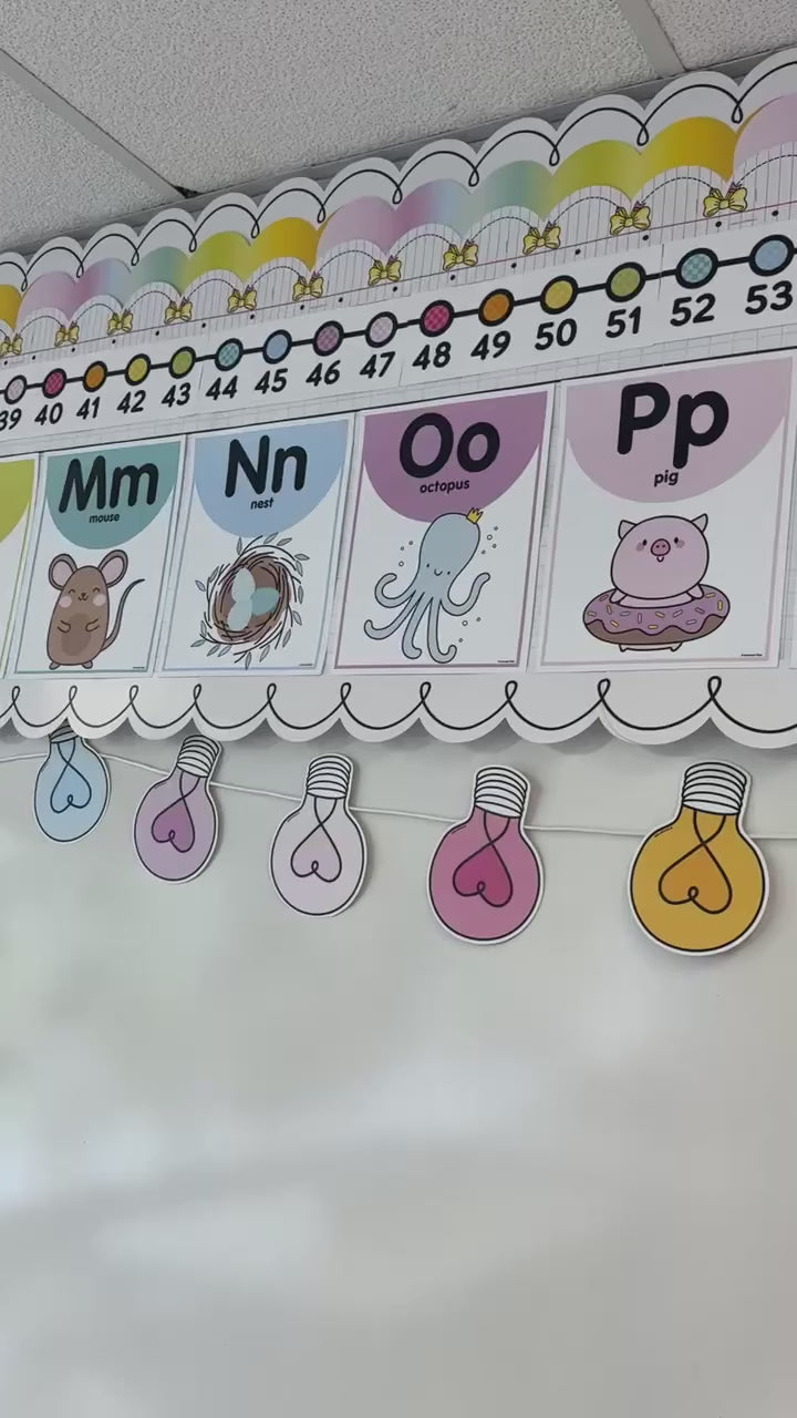 Rainbow pastel alphabet cards with images 