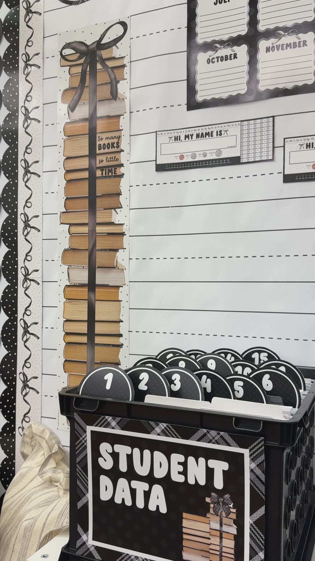 Black and white folder labels with the text student data 