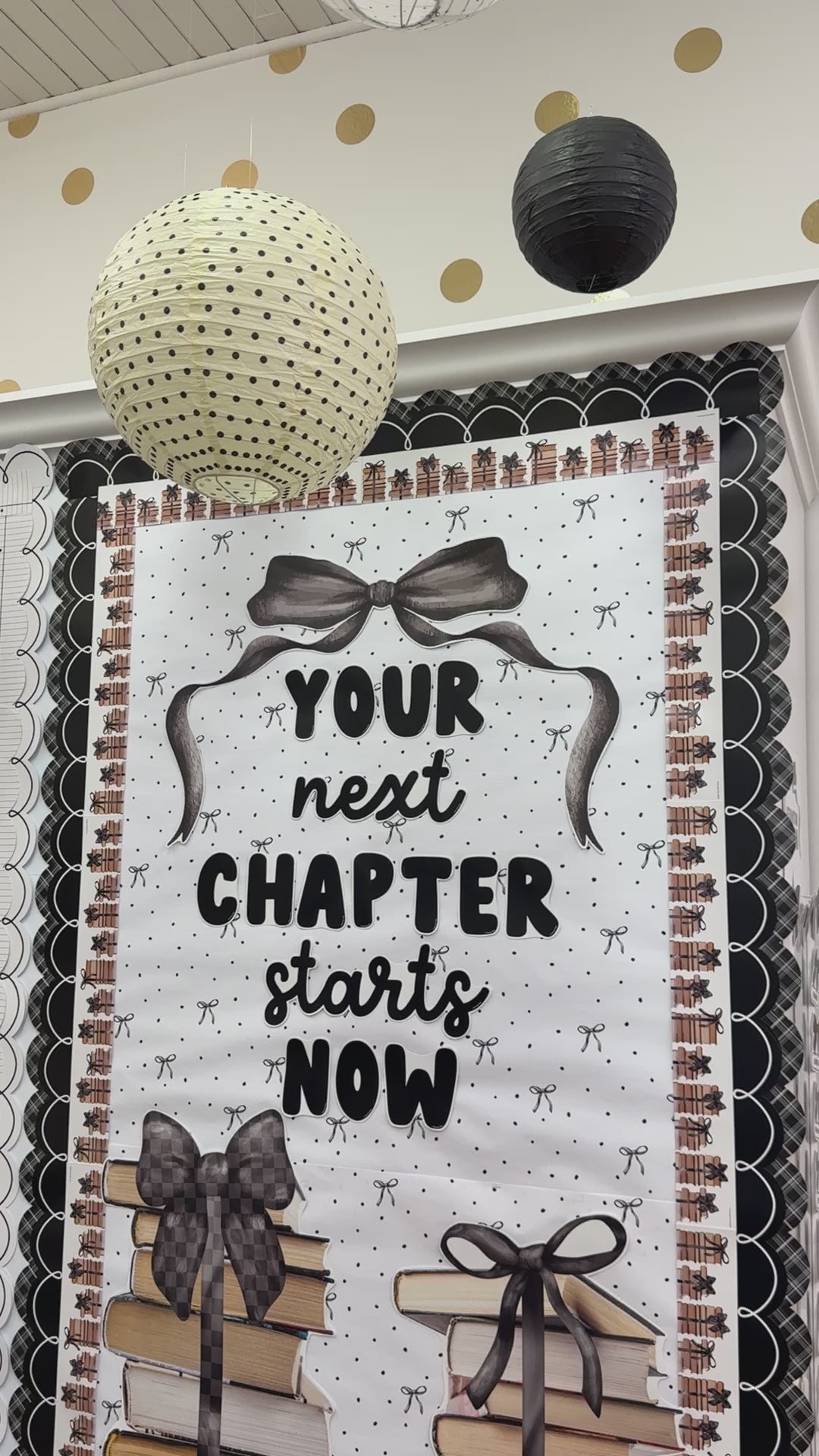Your next chapter starts now black and white cutouts with bow 