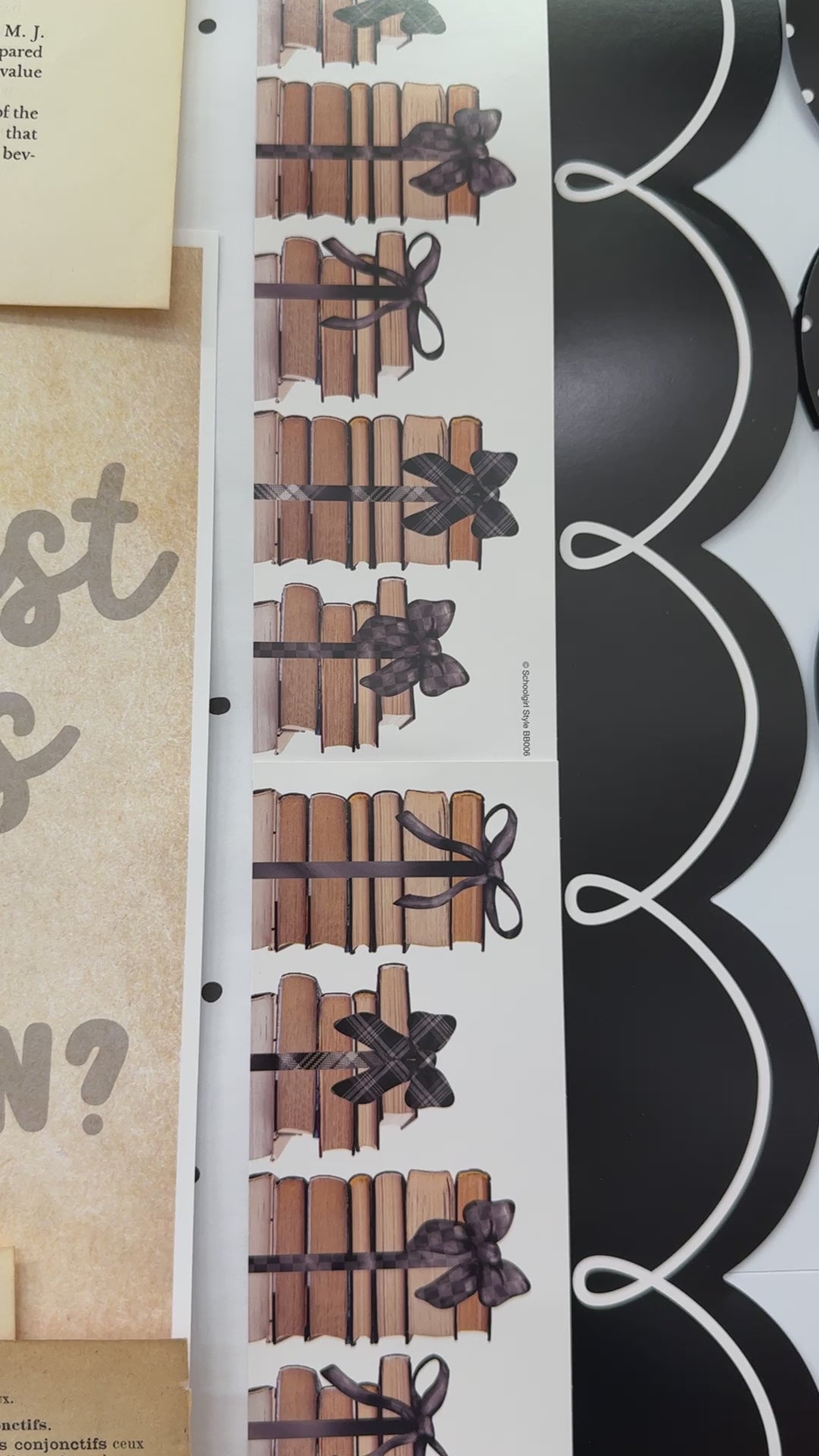 Black and white stacked books border 