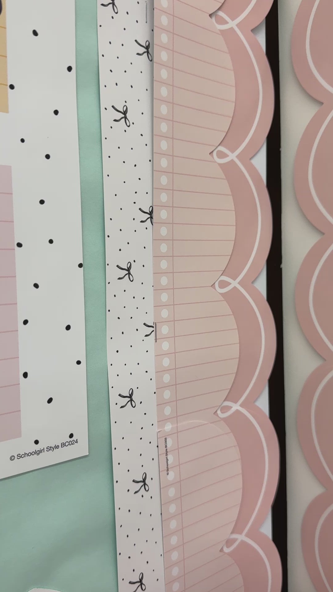 Black and white bow and polka dot, pastel pink notebook paper, and coral pink and white loop border 