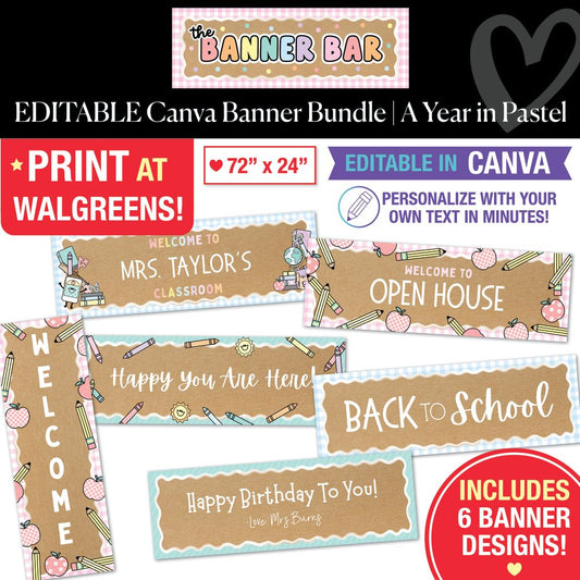 Editable Canva Walgreens Compatible Kraft Style Banner Bundle | A Year In Pastel