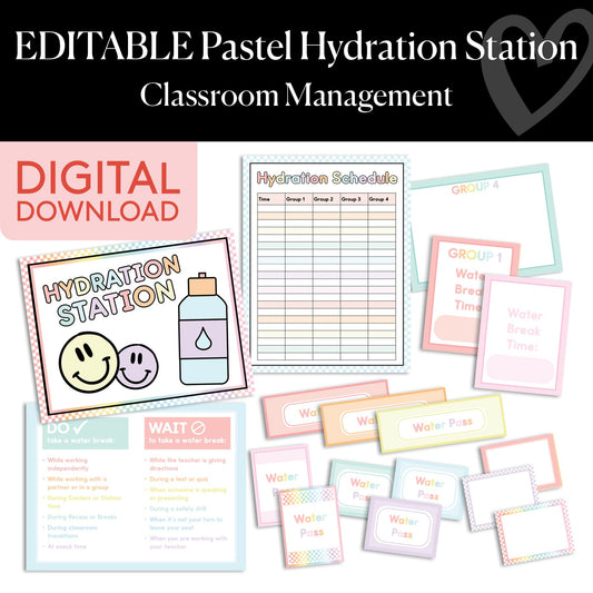 Printable Editable Pastel Hydration Station – Classroom Water Bottle Management System