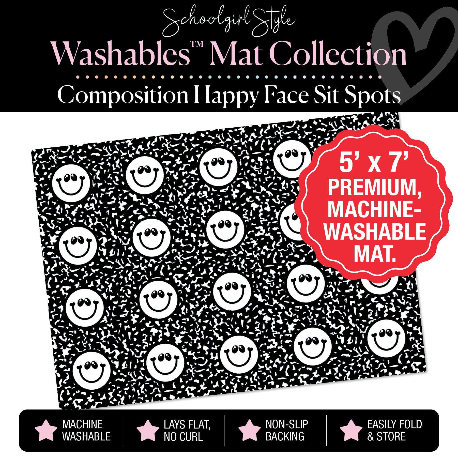 Black and White Happy Faces Sit Spot on Composition Classroom Mat by Schoolgirl Style