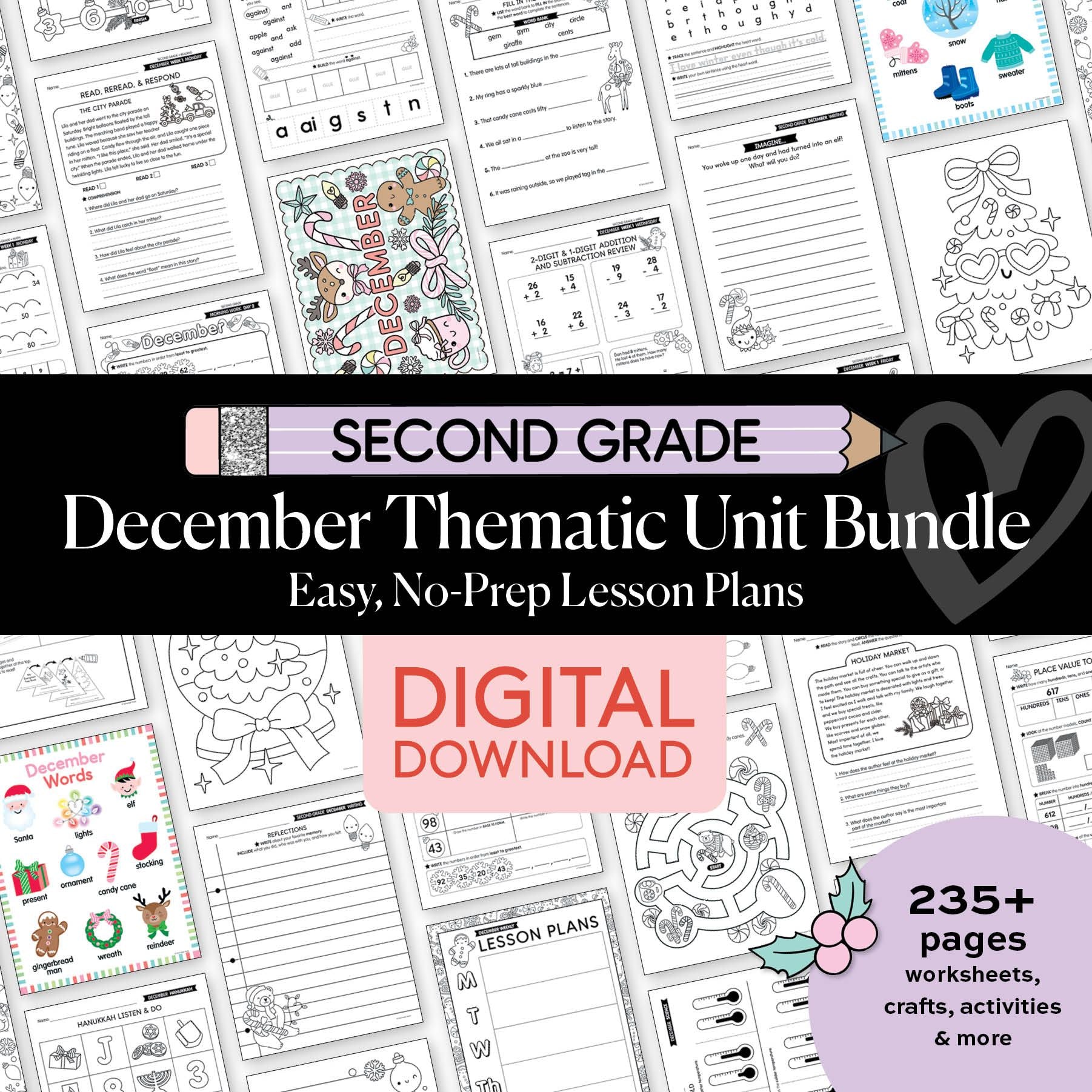 Printable Second Grade December Thematic Unit Bundle