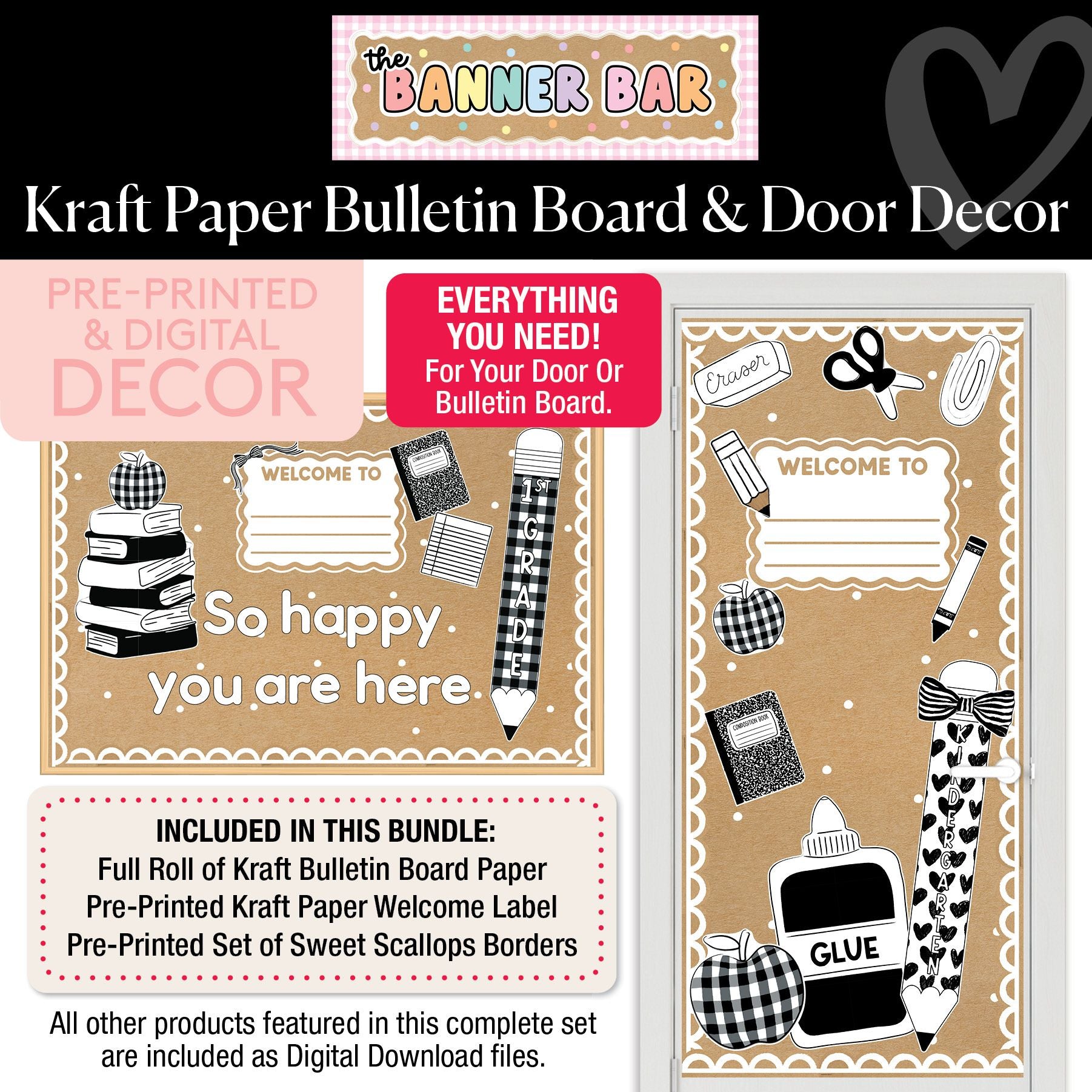 Black and White Kraft Paper Board & Door Decor Bundle | Banner Bar