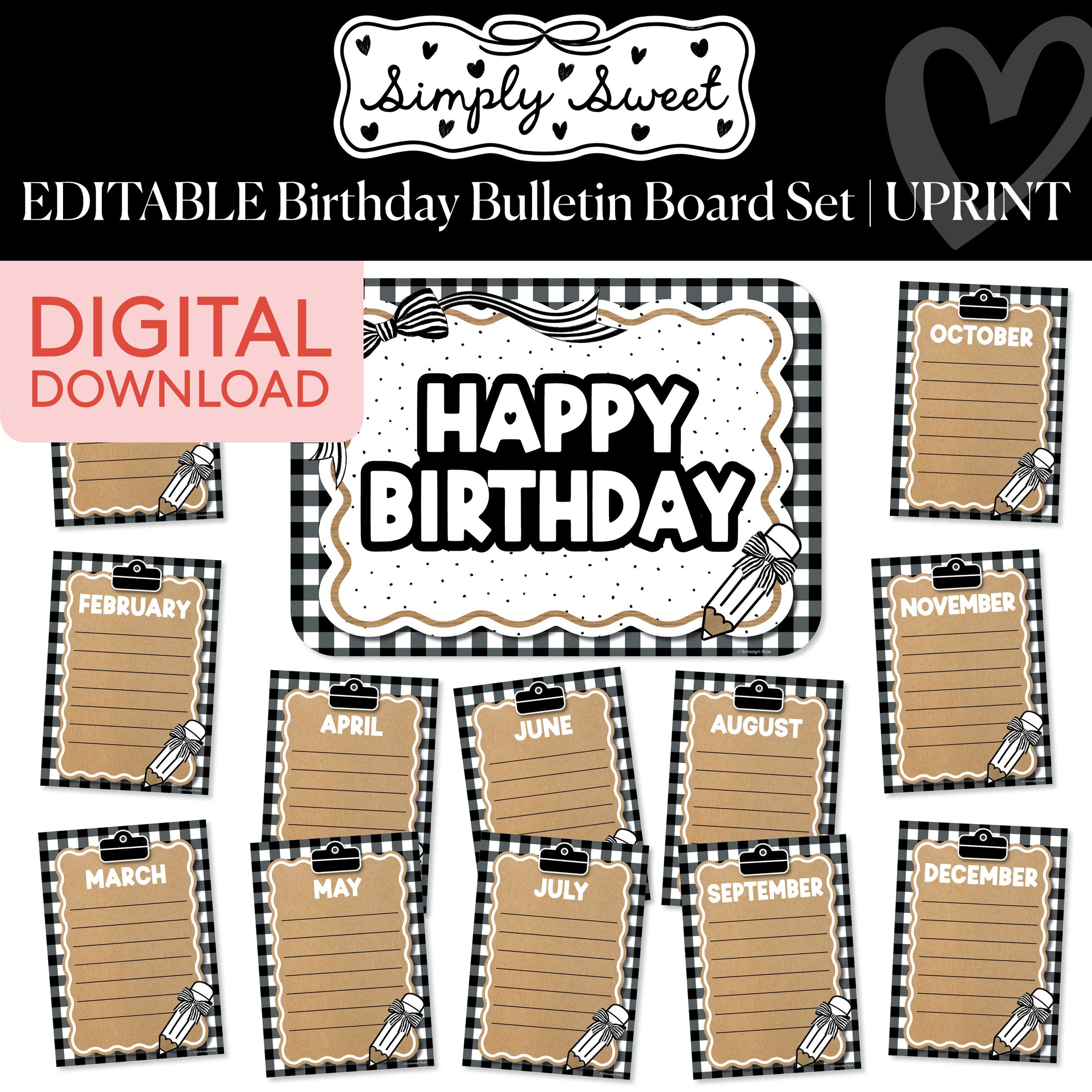 Printable Classic Black and White Editable Birthday Bulletin Board Set | Simply Sweet