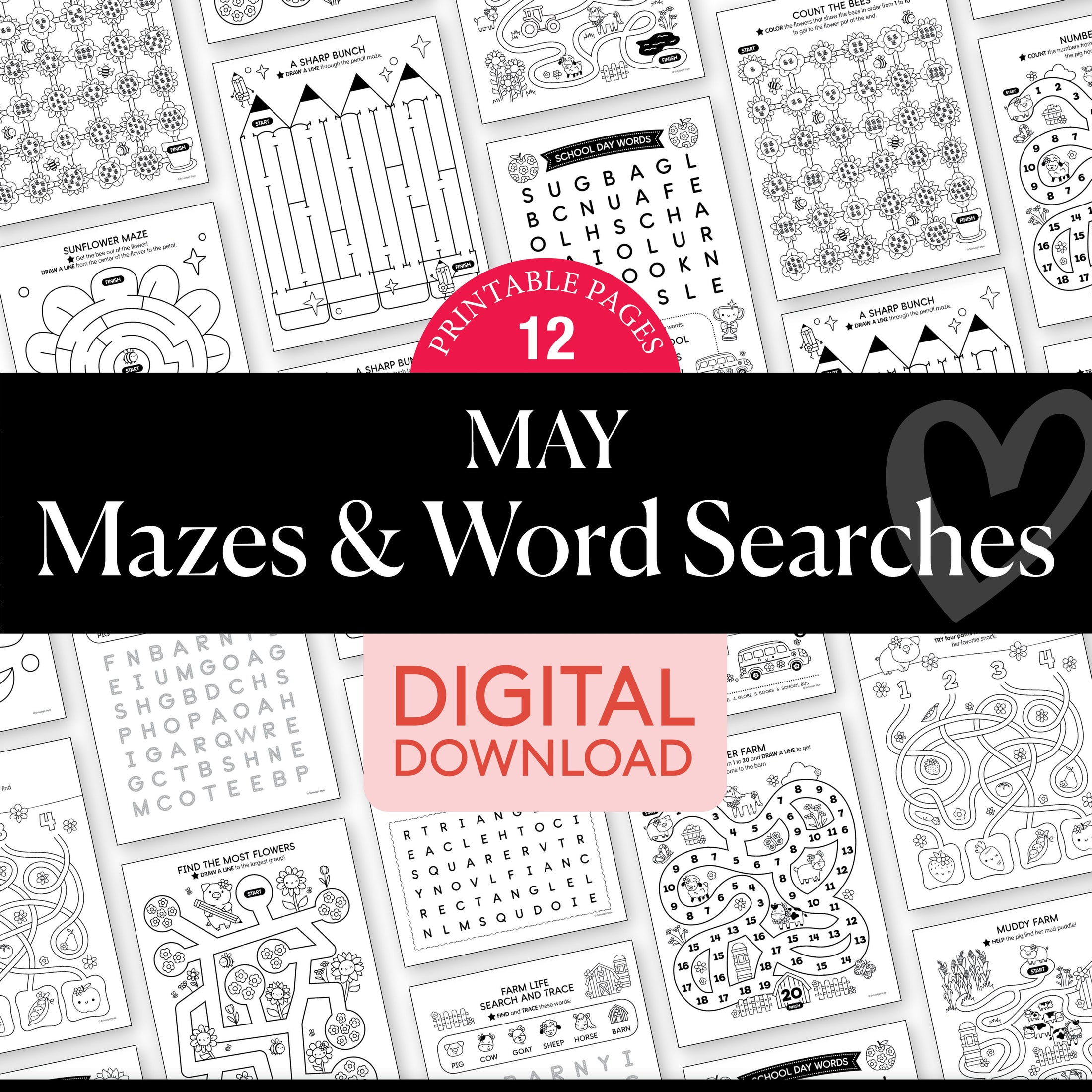 Printable May Mazes and Word Searches