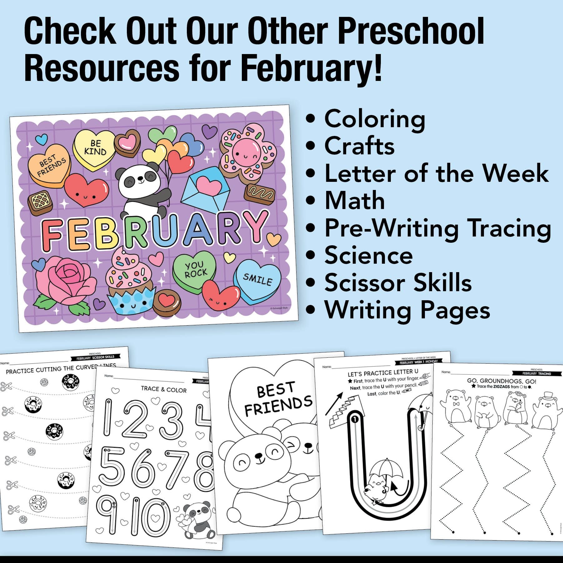 Printable Preschool February Directed Drawing Worksheets
