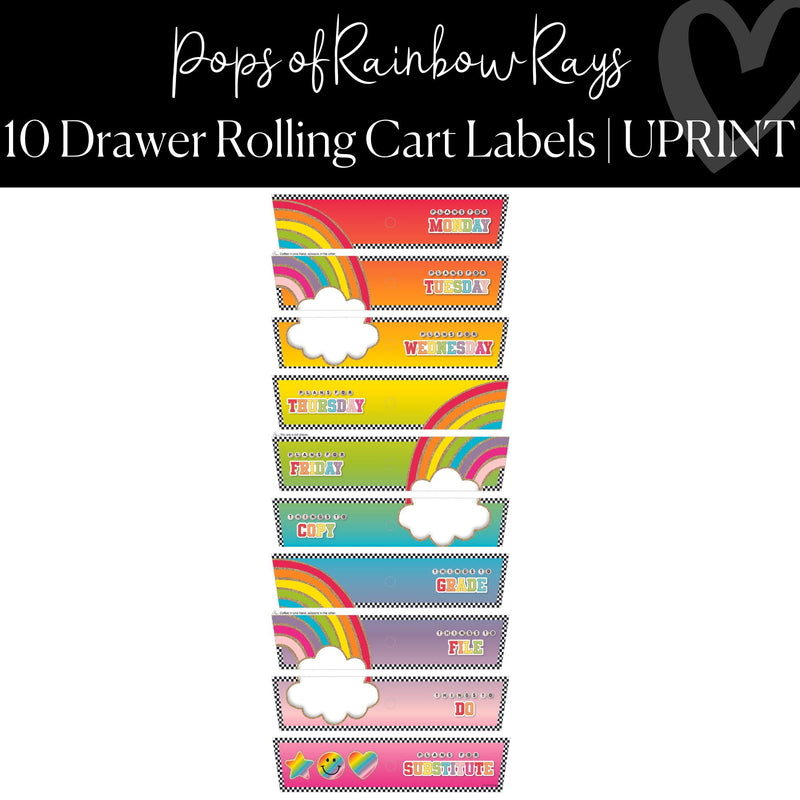 Printable and Editable 10 Drawer Rolling Cart Labels | Rainbow Classroom Decor | UPRINT | Schoolgirl Style