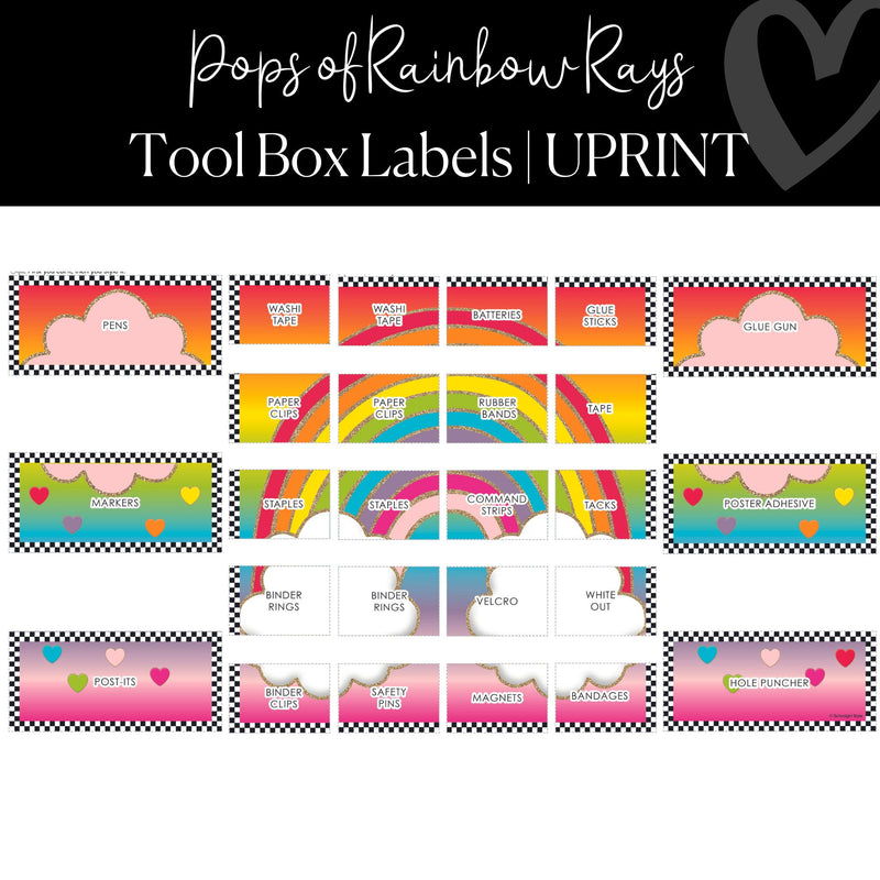 Editable Teacher Tool Box Labels | Printable Rainbow Classroom Decor | Pops of Rainbow Rays | UPRINT | Schoolgirl Style