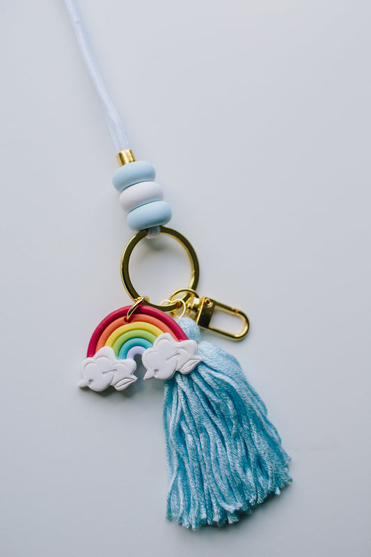 Retro Rainbow Lanyard Rainbow Charm with Blue Tassel Lanyard Teacher Accessories Pops of Rainbow Rays by Jenny Lloyd Lanyards