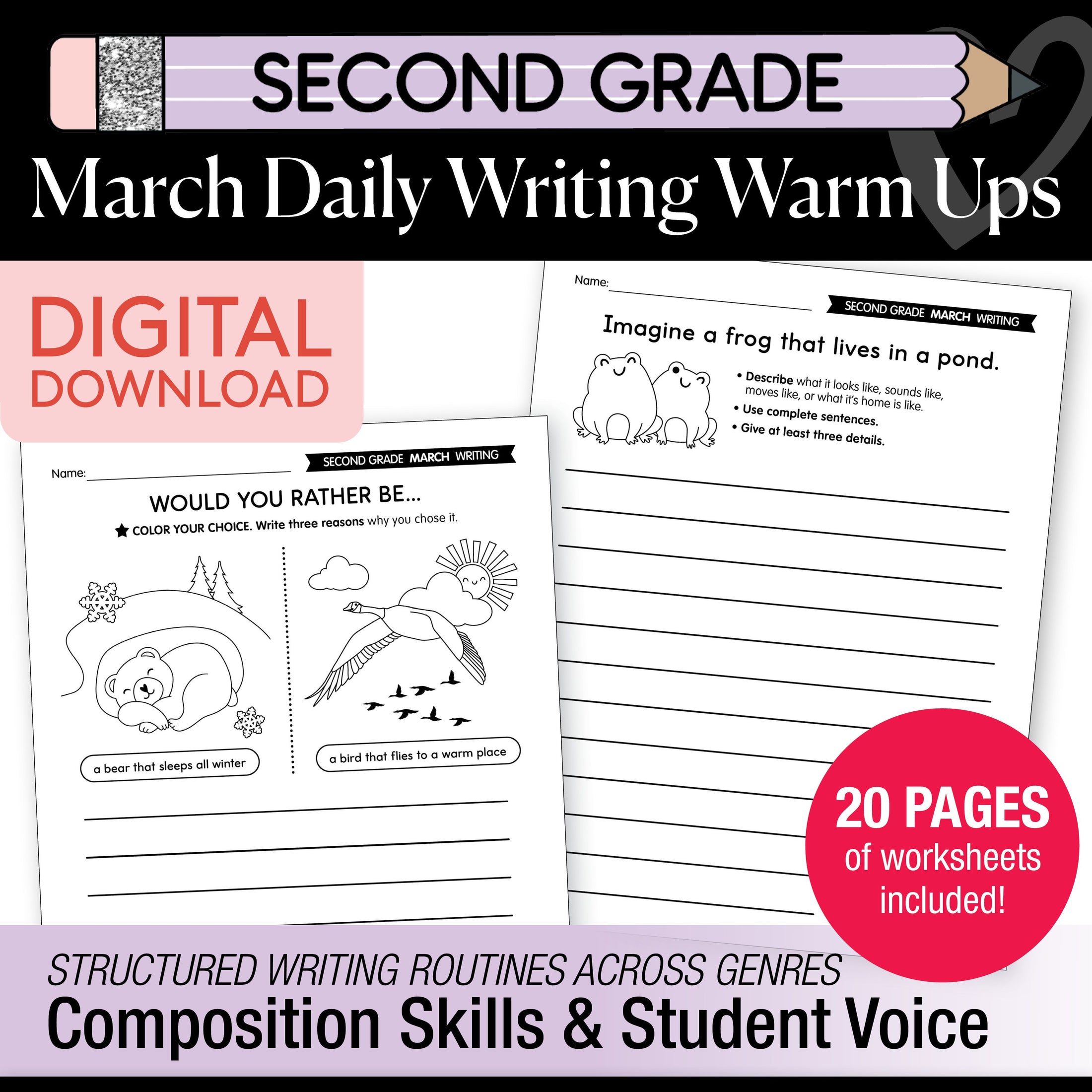 Printable Second Grade March Daily Writing Warm Ups