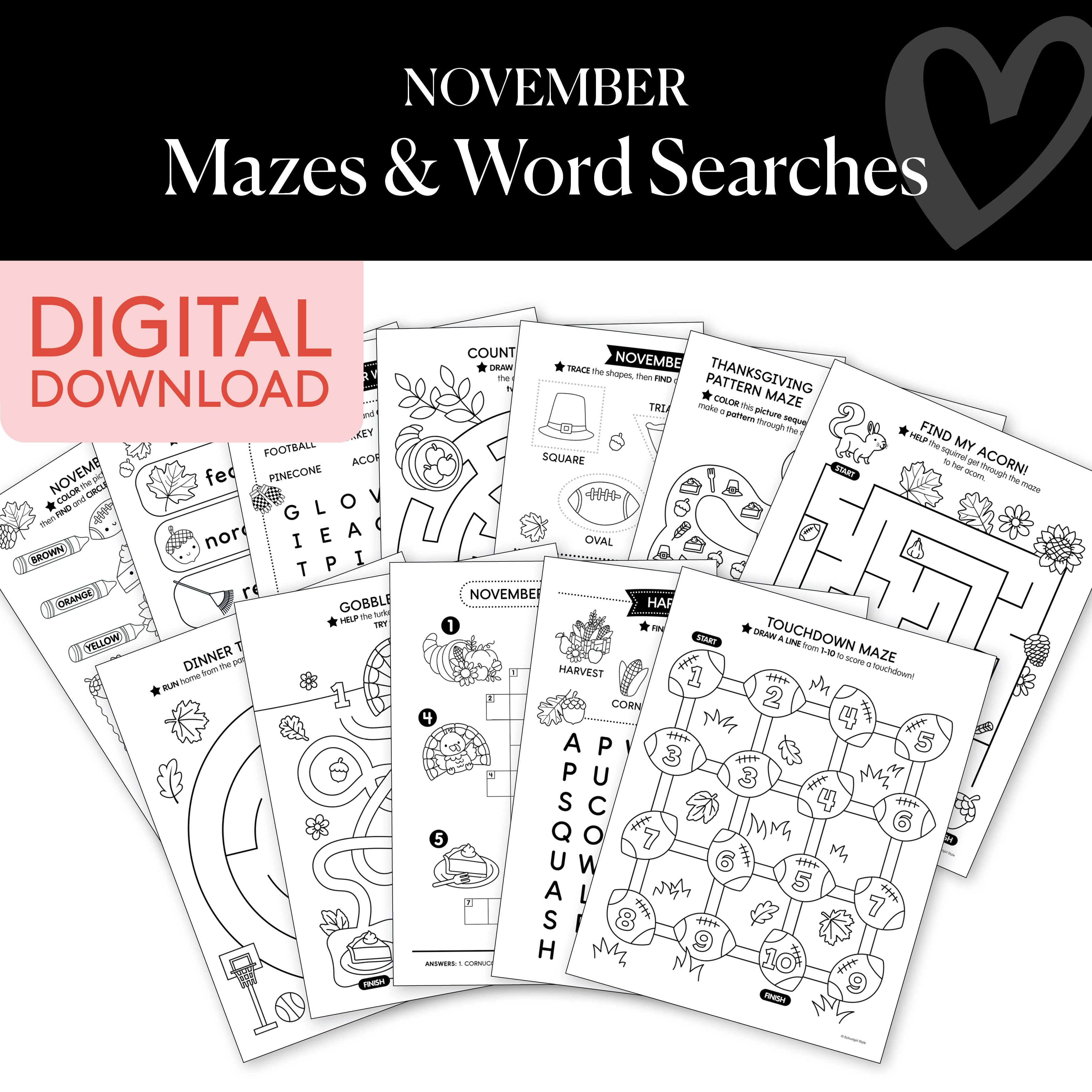 Printable November Mazes and Word Searches