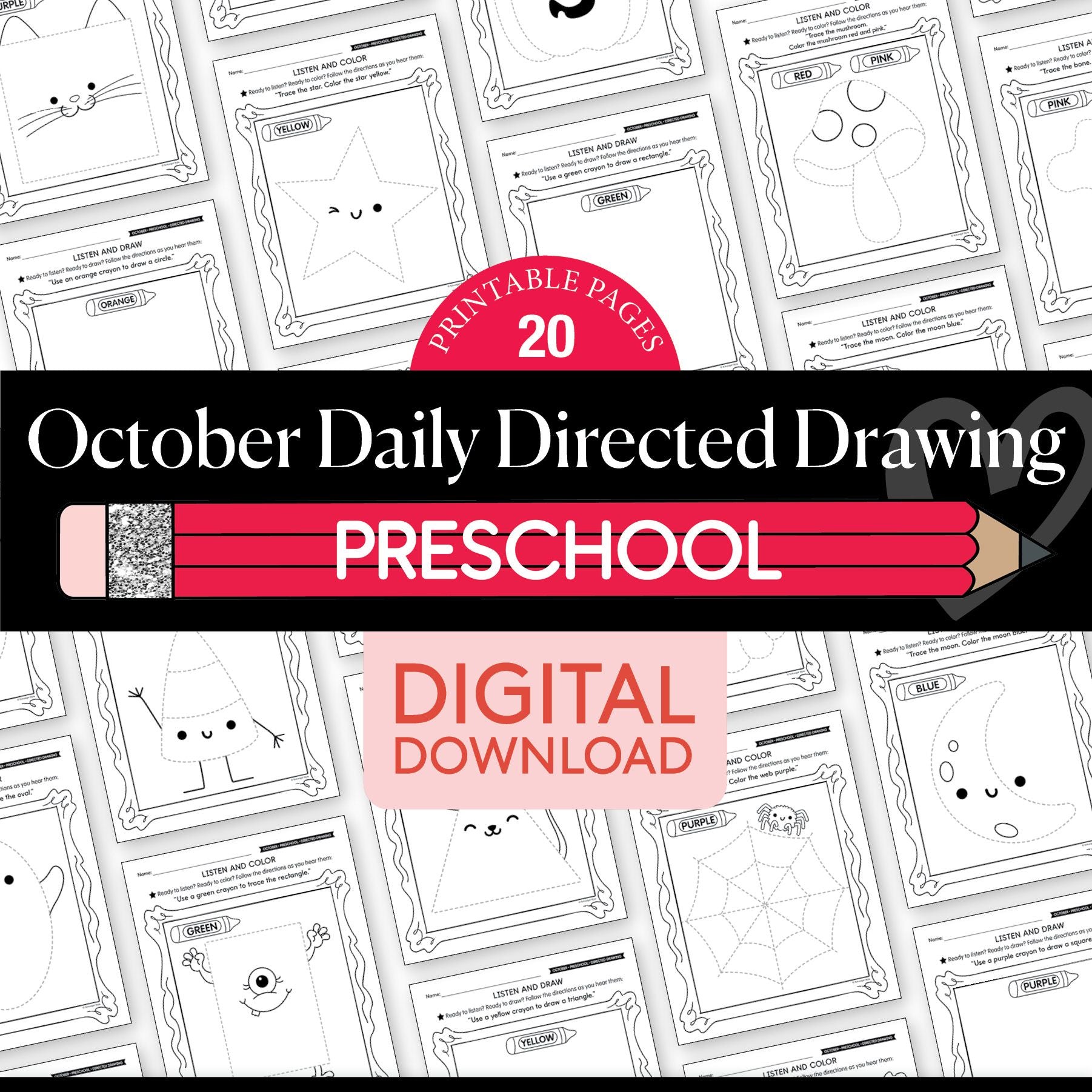Printable Preschool October Directed Drawing Worksheets