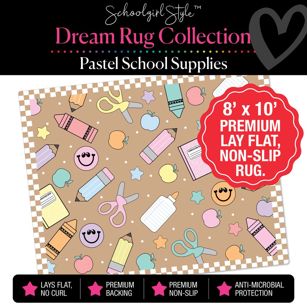 Pastel Scattered School Supplies with Checkerboard Border on Kraft Background Classroom Rug by Schoolgirl Style