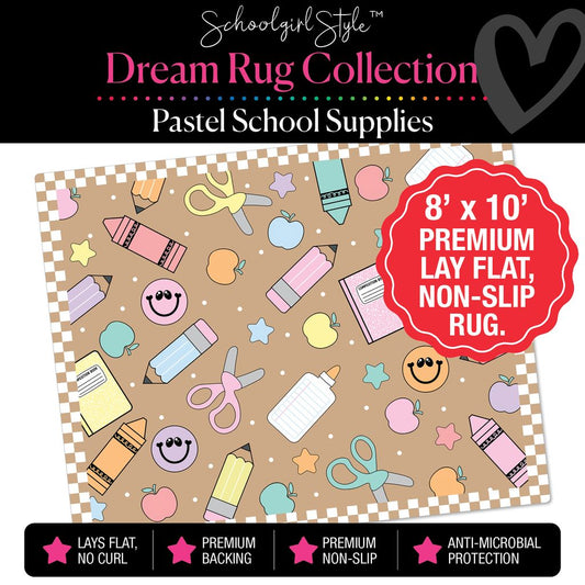 Pastel Scattered School Supplies with Checkerboard Border on Kraft Background Classroom Rug by Schoolgirl Style