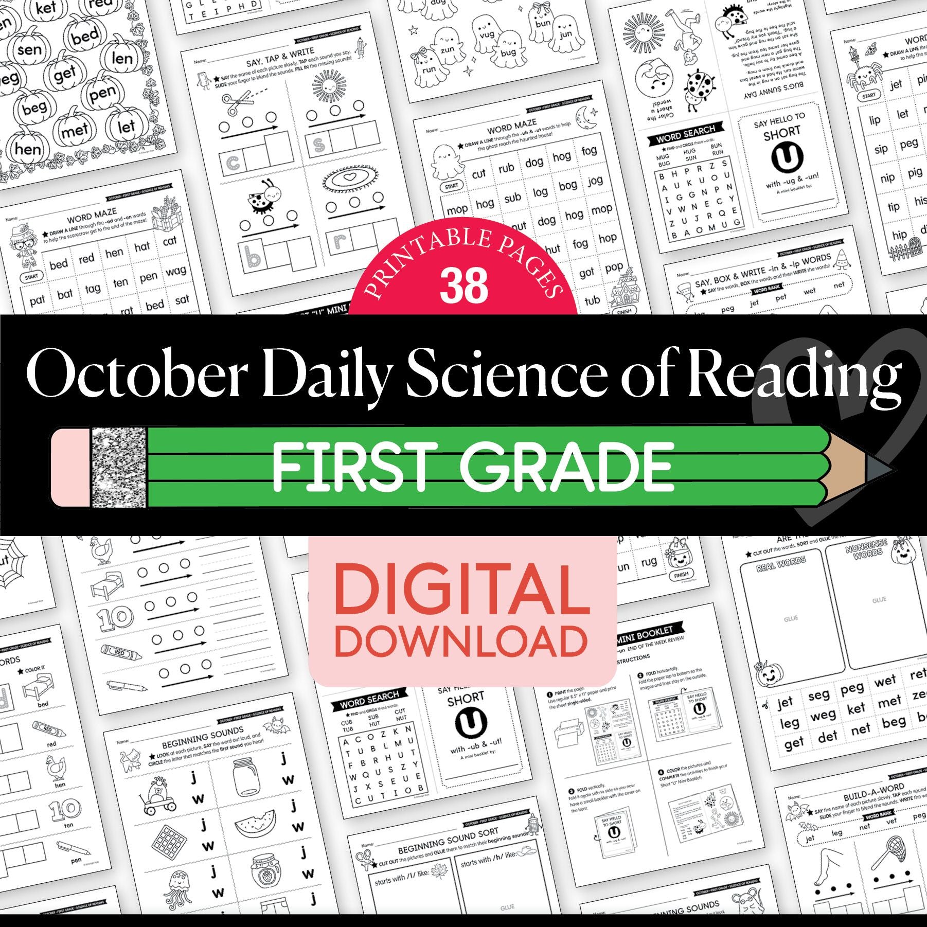 Printable First Grade October Daily Science of Reading Worksheets