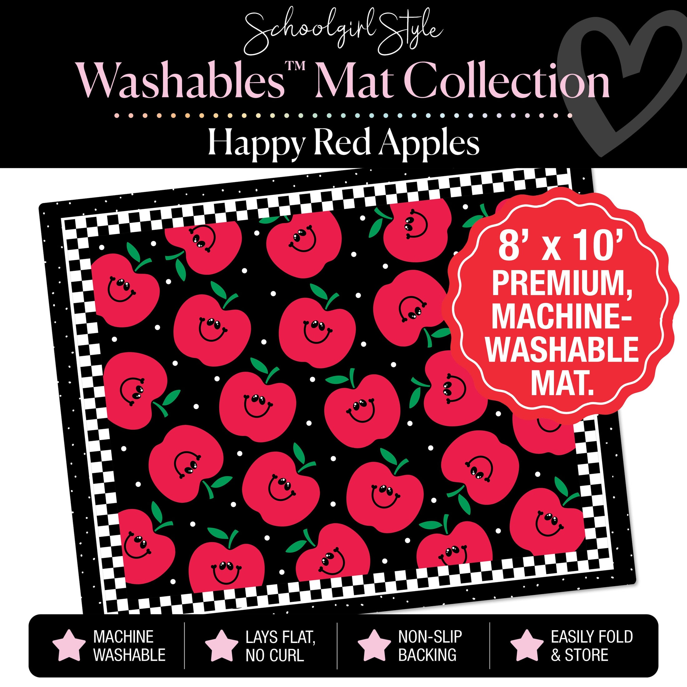 Happy Red Apples with Checkerboard Border Classroom Mat by Schoolgirl Style