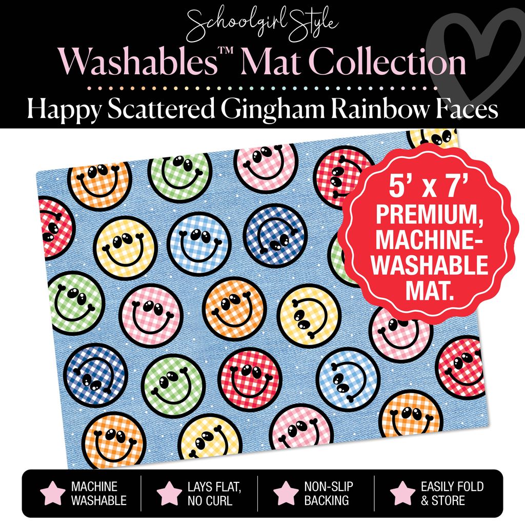 Scattered Happy Gingham Rainbow Faces on Composition Classroom Mat by Schoolgirl Style