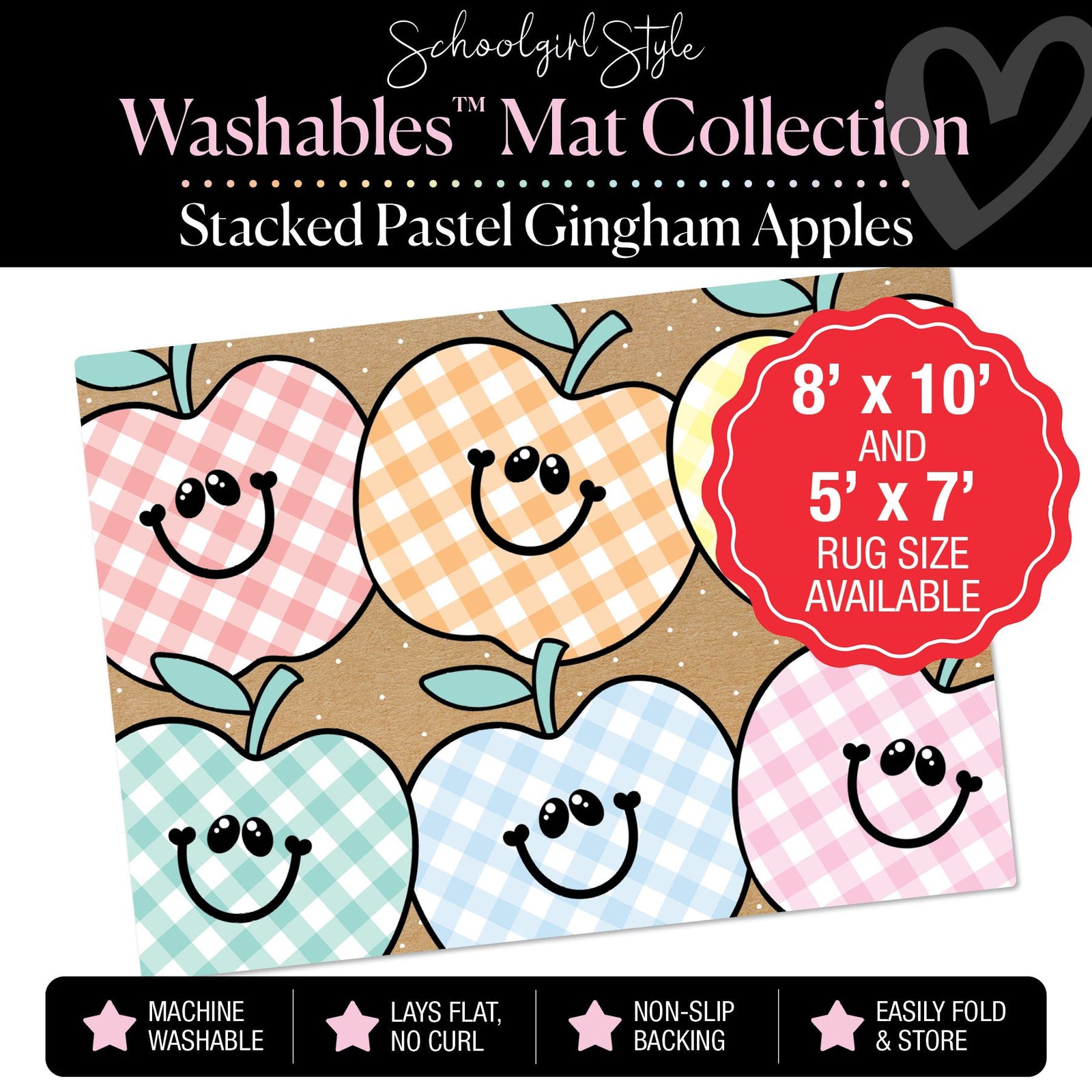 Stacked Pastel Gingham Apples on Banner Backdrop Classroom Mat by Schoolgirl Style