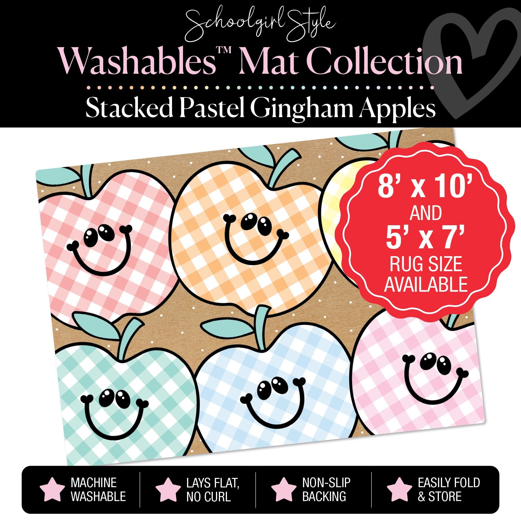 Stacked Pastel Gingham Apples on Banner Backdrop Classroom Mat by Schoolgirl Style