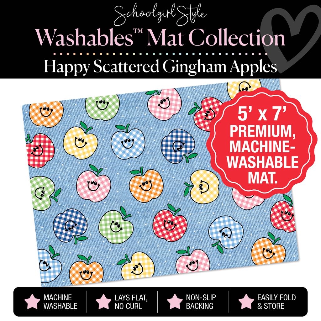 Scattered Happy Gingham Apples on Jean Classroom Mat by Schoolgirl Style