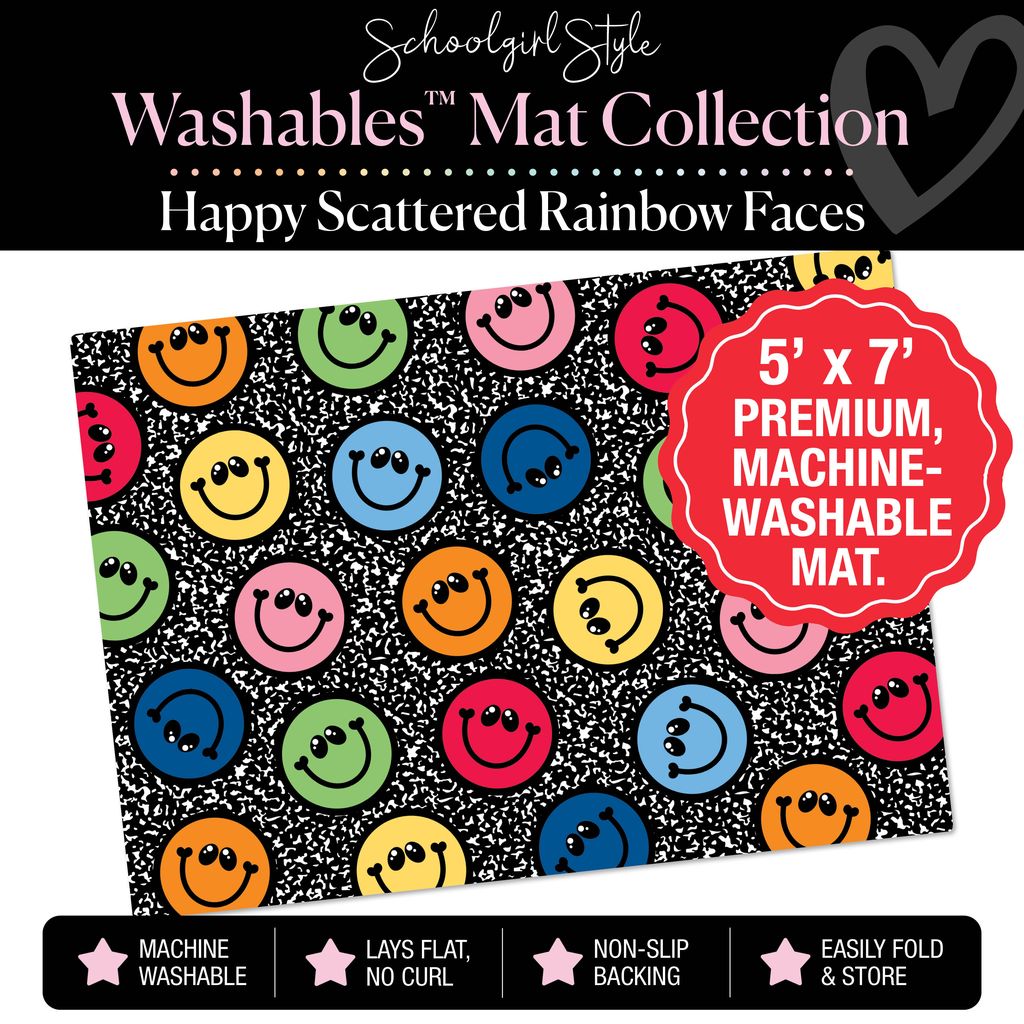 Scattered Happy Rainbow Faces on Composition Classroom Mat by Schoolgirl Style