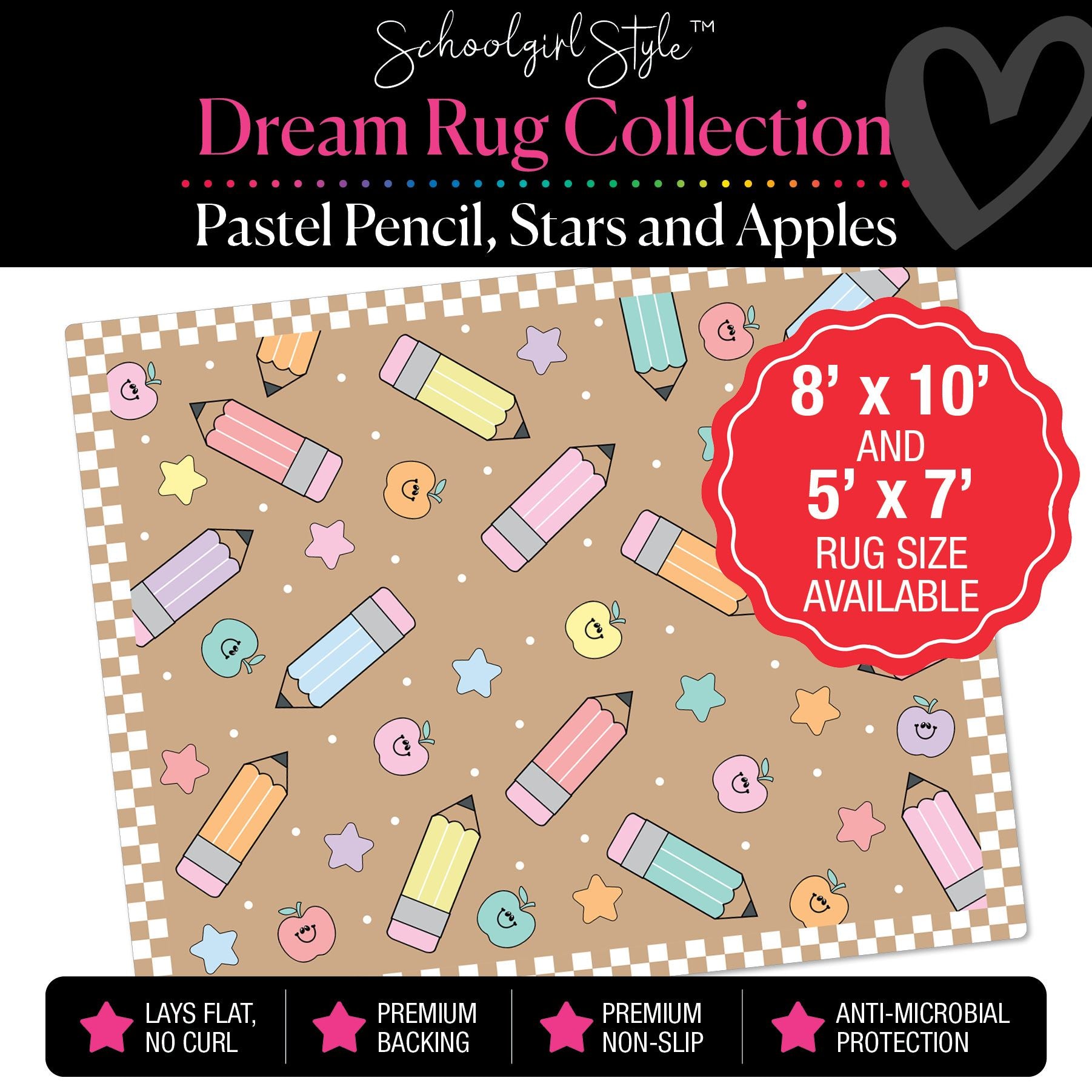 Pastel Scattered Pencils, Happy Apples and Rainbow Stars with Checkerboard Border on Kraft Background Classroom Rug by Schoolgirl Style