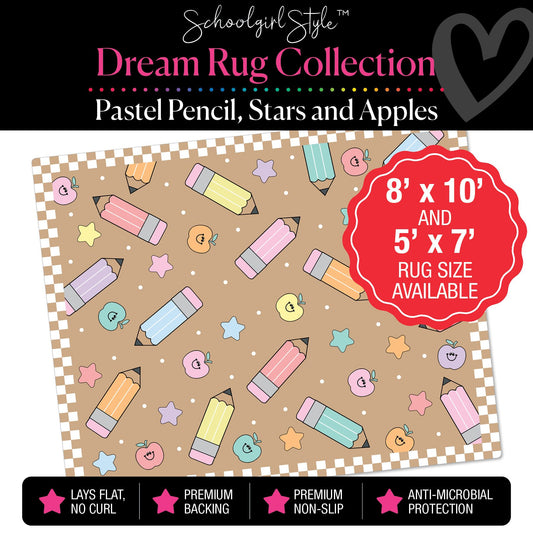 Pastel Scattered Pencils, Happy Apples and Rainbow Stars with Checkerboard Border on Kraft Background Classroom Rug by Schoolgirl Style