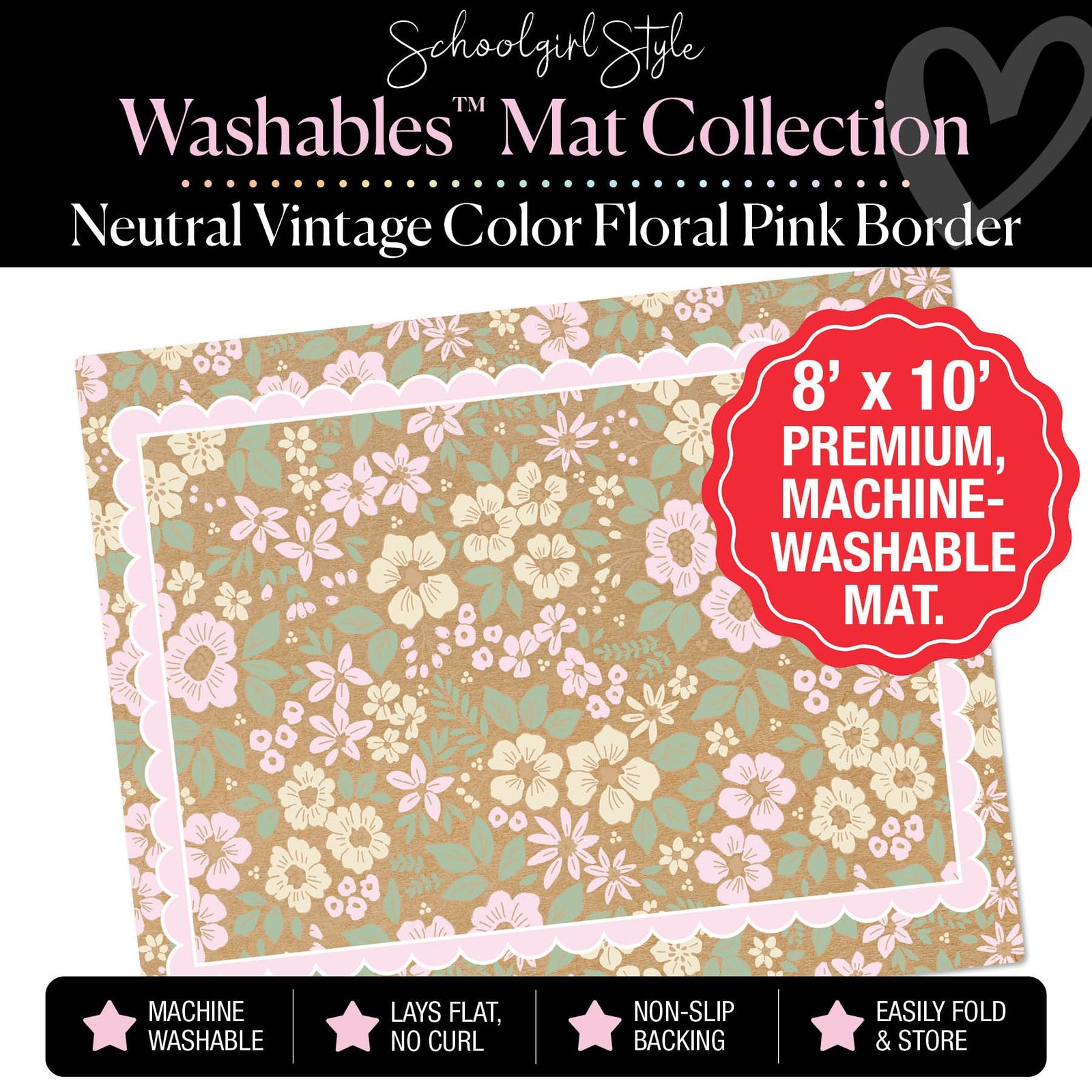 Neutral Vintage Color Floral Pink Border Classroom Mat by Schoolgirl Style