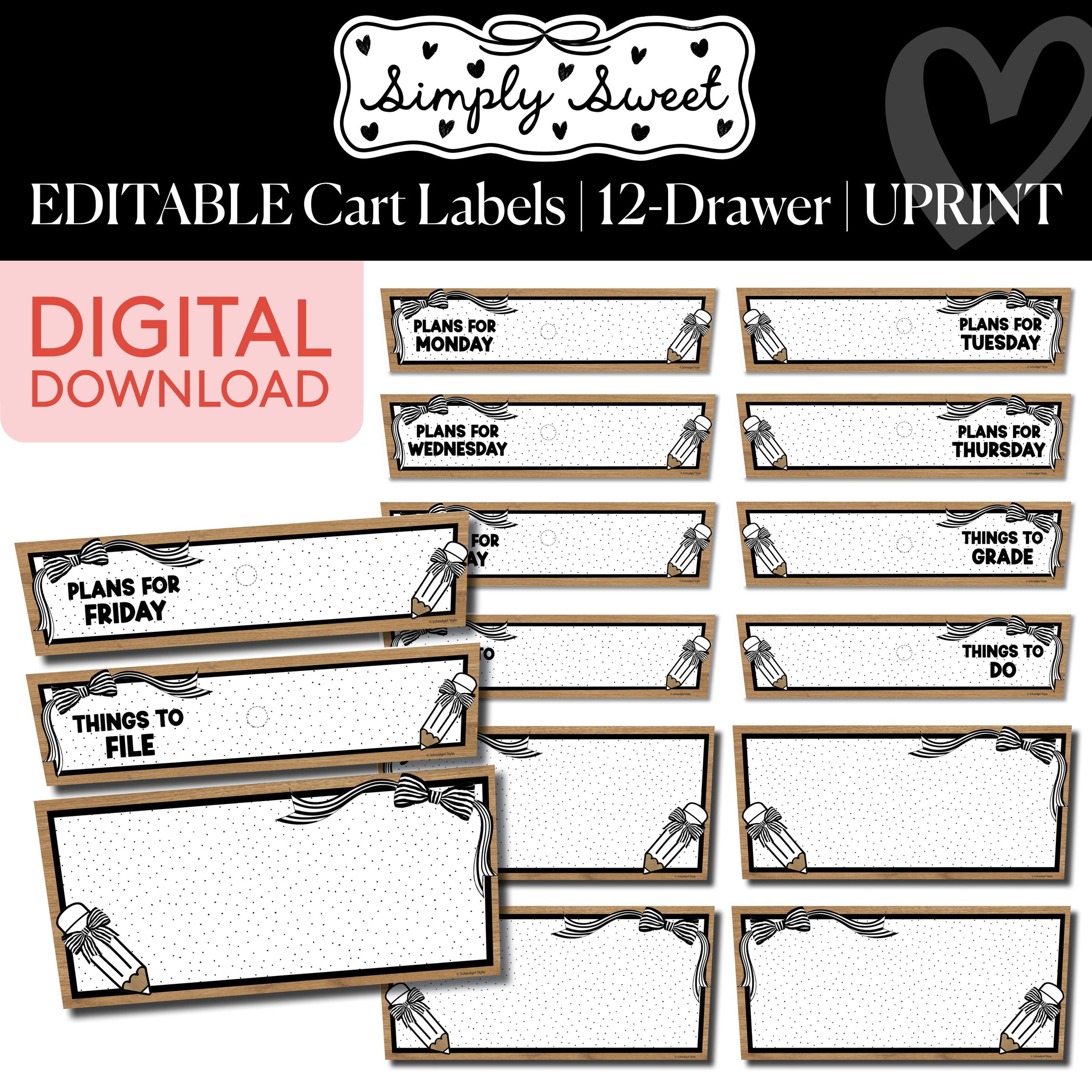 Printable Classic Black and White Editable 12 Drawer Cart Labels | Simply Sweet